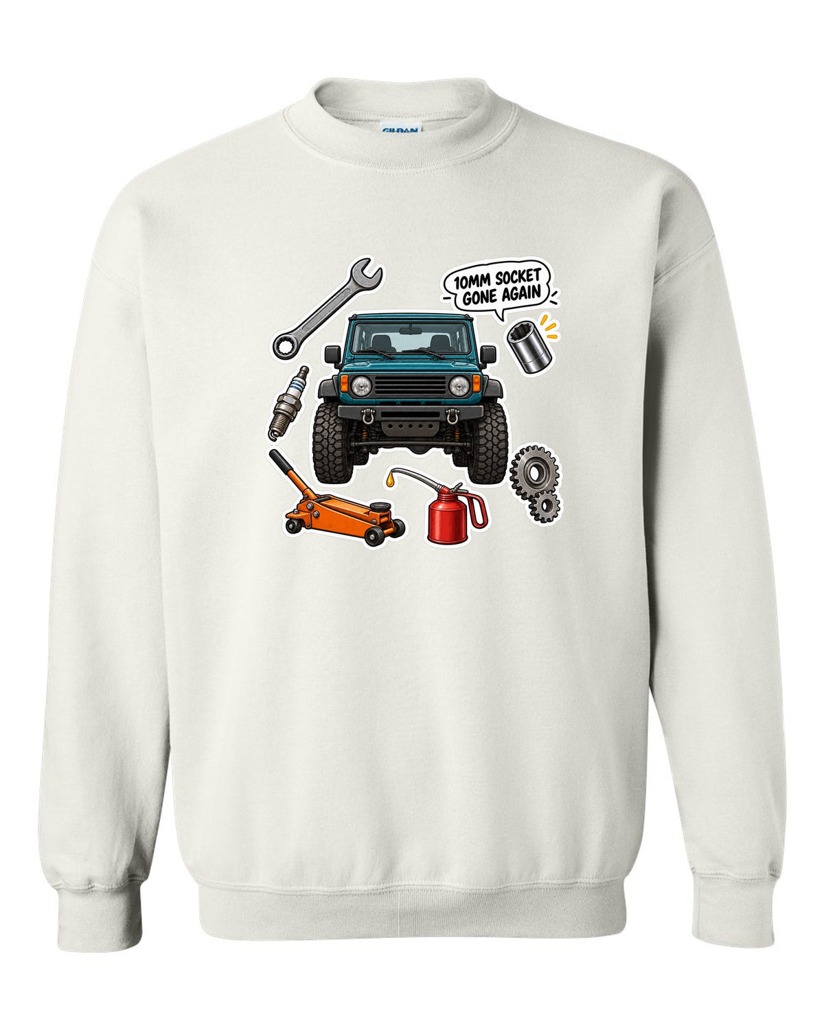 Jeep Wrangler TJ sticker bomb collage design with 10mm socket gone again text white crewneck front view with the design