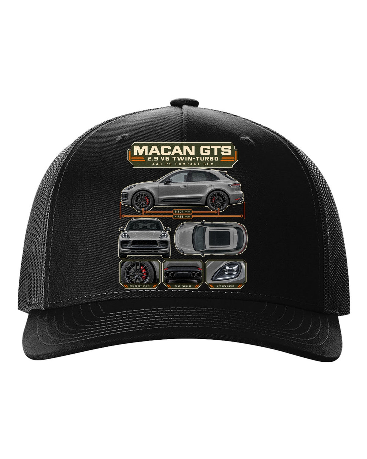 Porsche Macan GTS 95B Dossier Tee, 2.9 V6 Twin-Turbo black hat front view with the design