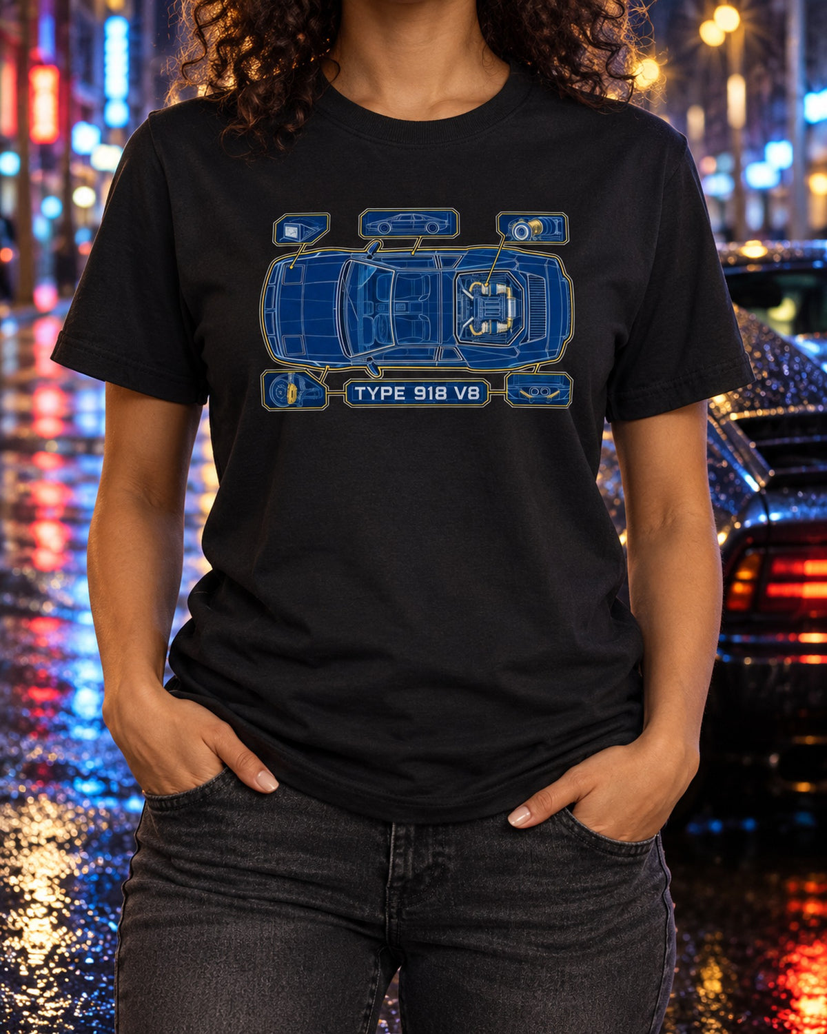 Lotus Esprit V8 1996 Cyanotype Blueprint Shirt, Type 918 T-Shirt Black worn hero