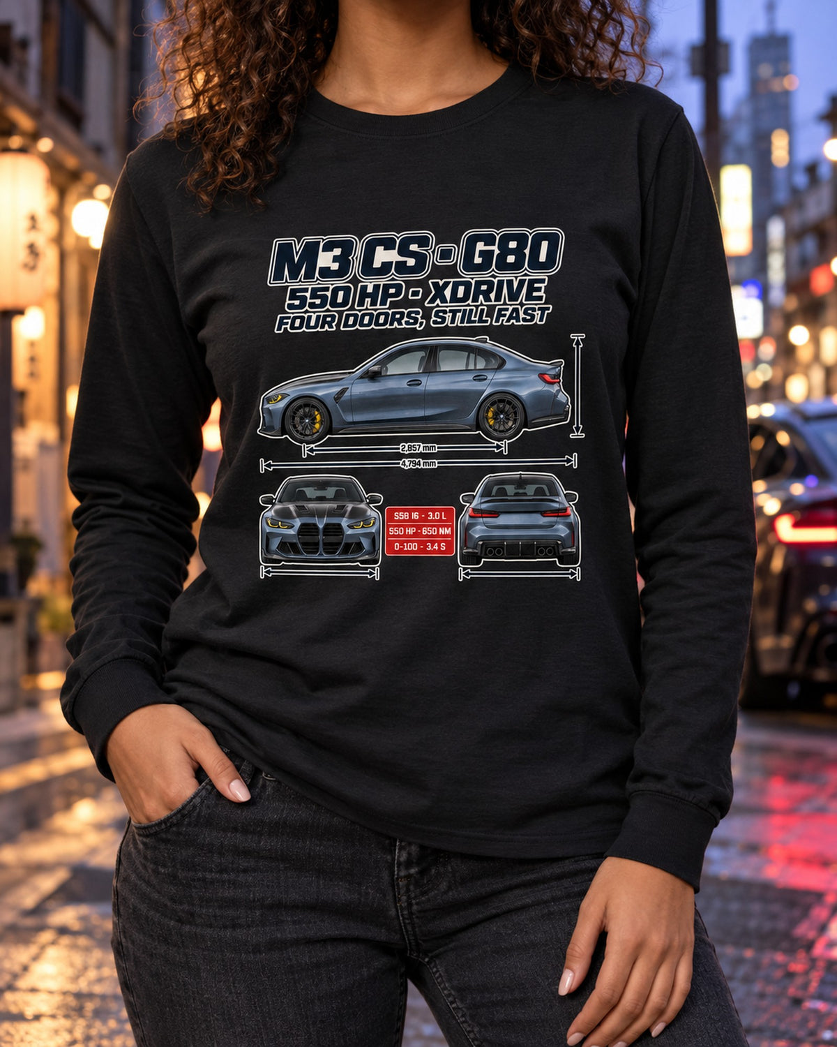 G80 BMW M3 CS Spec Poster Shirt, xDrive Sedan Gift Long Sleeve Black worn hero