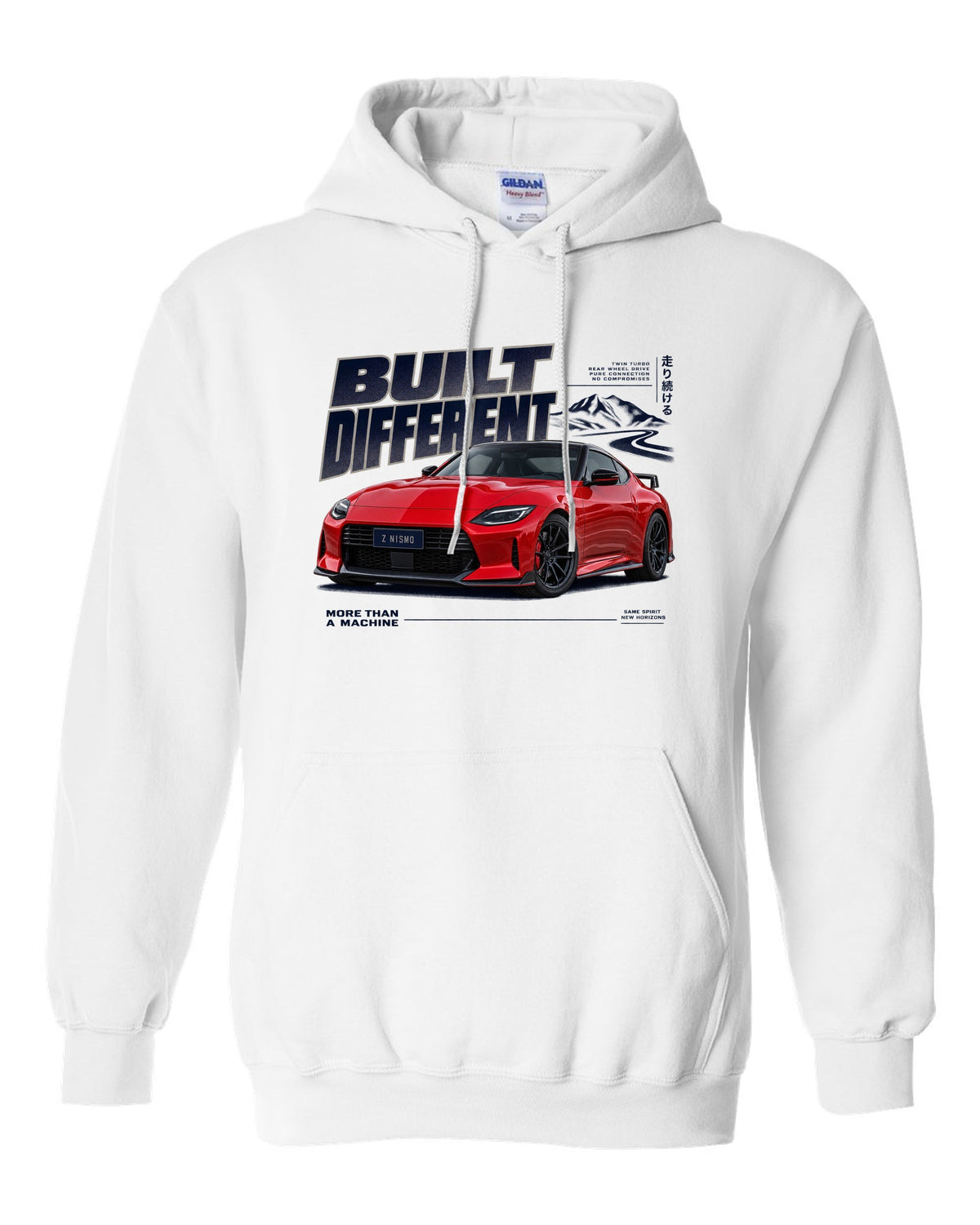 Dossier panels for a 2024 Nissan Z NISMO RZ34 in graphite and rust white pull over hoodie front view with the design