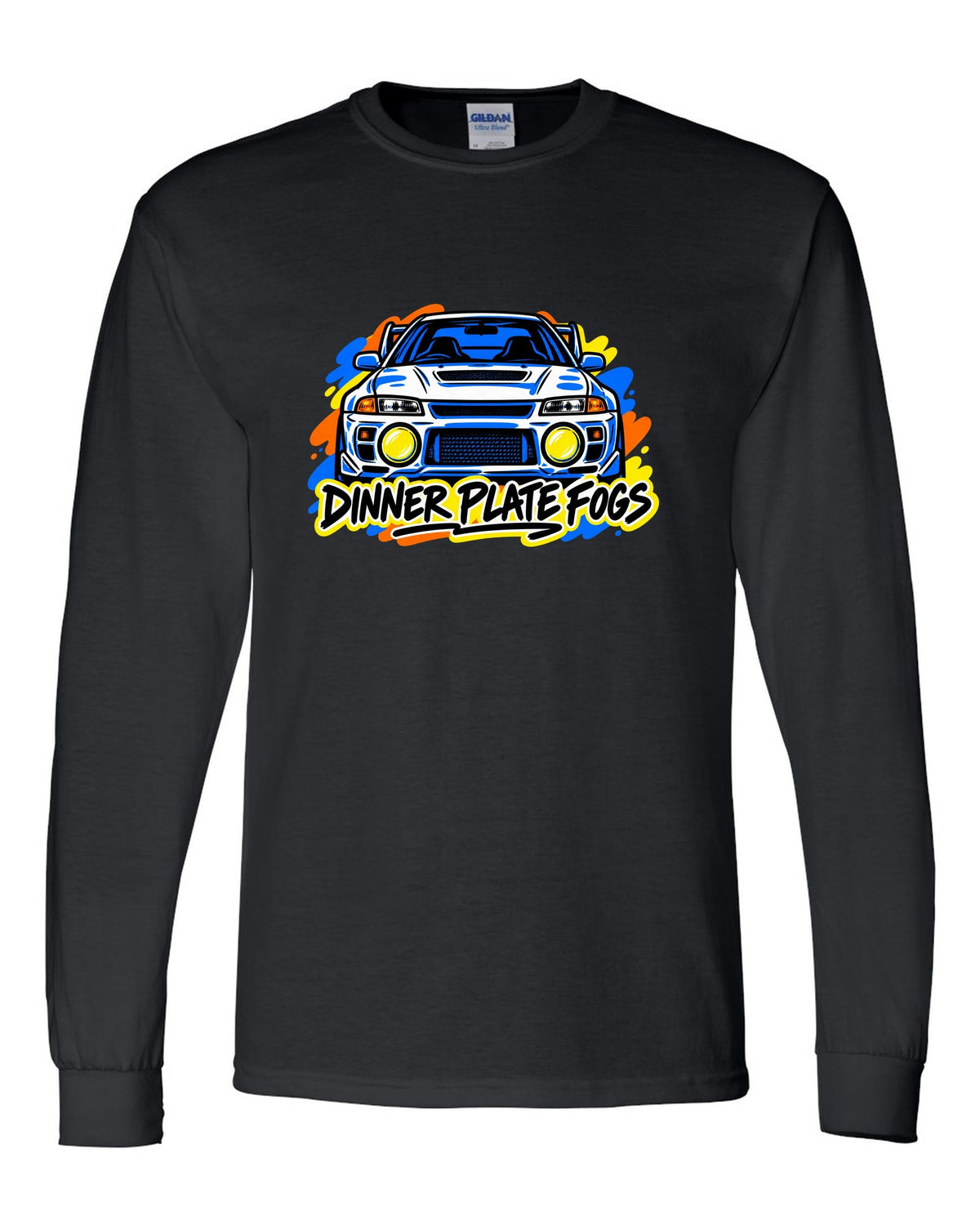 Mitsubishi Lancer Evolution IV CN9A mono-line sketch, DINNER PLATE FOGS black long sleeve front view with the design