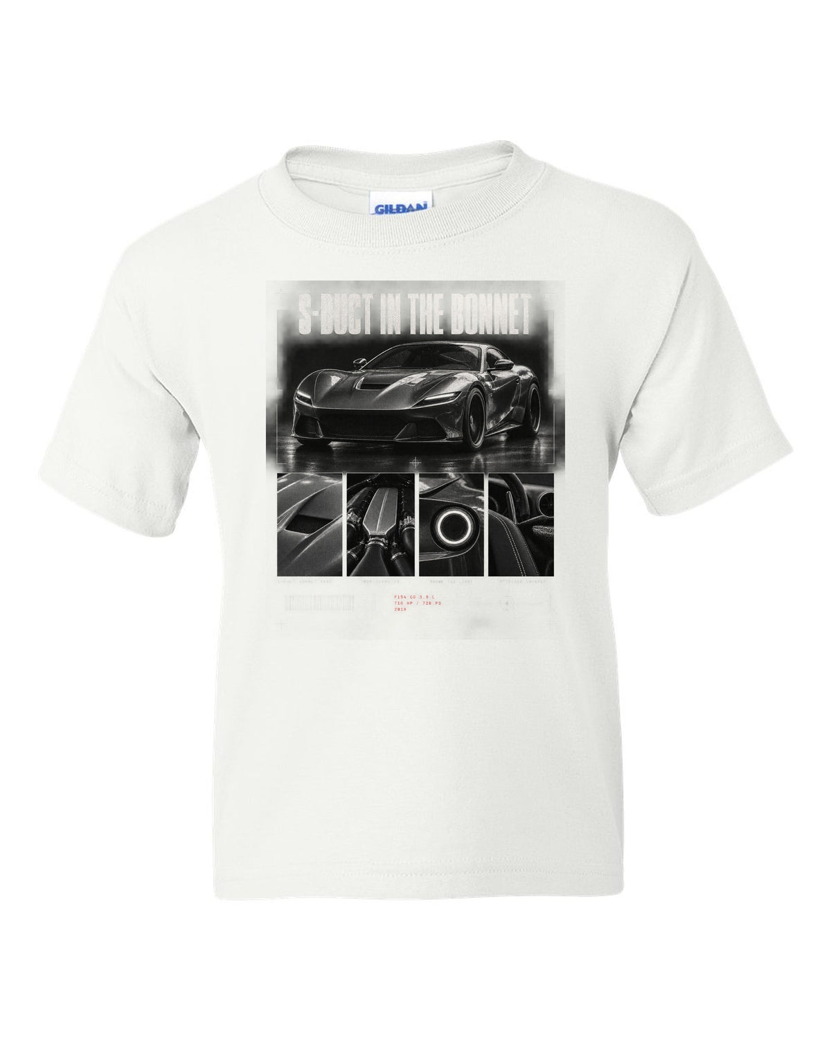 Dossier panel print of a Ferrari F8 Tributo with S-duct in the bonnet and 720 PS text white kids tee front view with the design