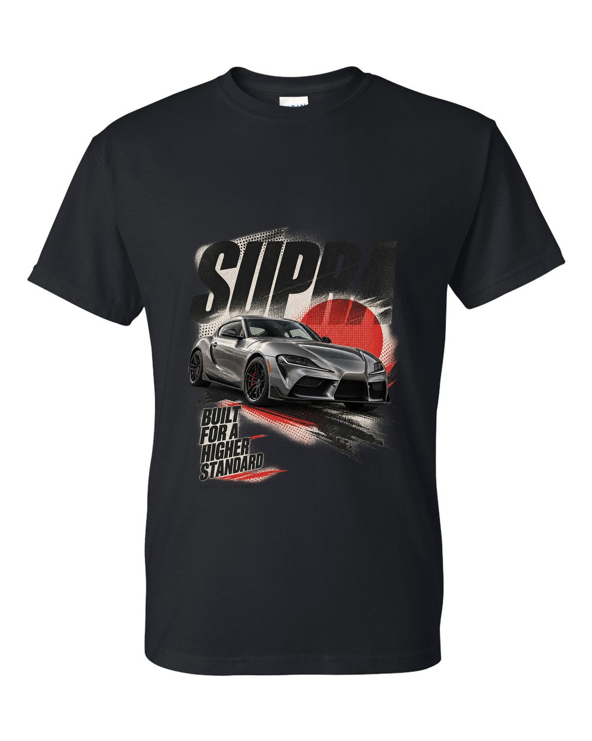Interior cockpit and gauge view of the Toyota GR Supra A91-MT with rev-match text black t-shirt front view with the design