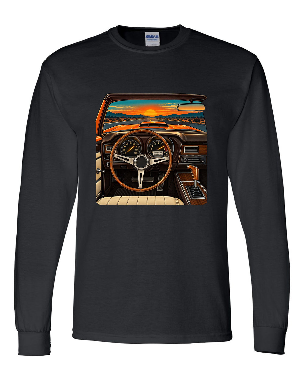 Retro dashboard illustration of a 1971 Dodge Charger Super Bee with six pack carb caption black long sleeve front view with the design