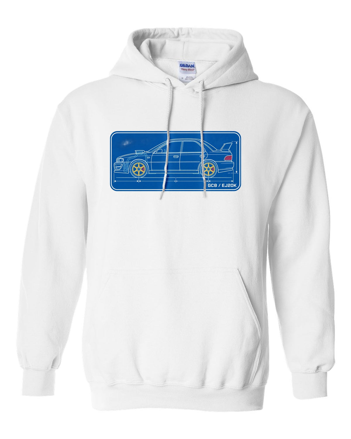 Cyanotype blueprint of a Subaru Impreza WRX GC8 hood scoop with EJ20K text white pull over hoodie front view with the design