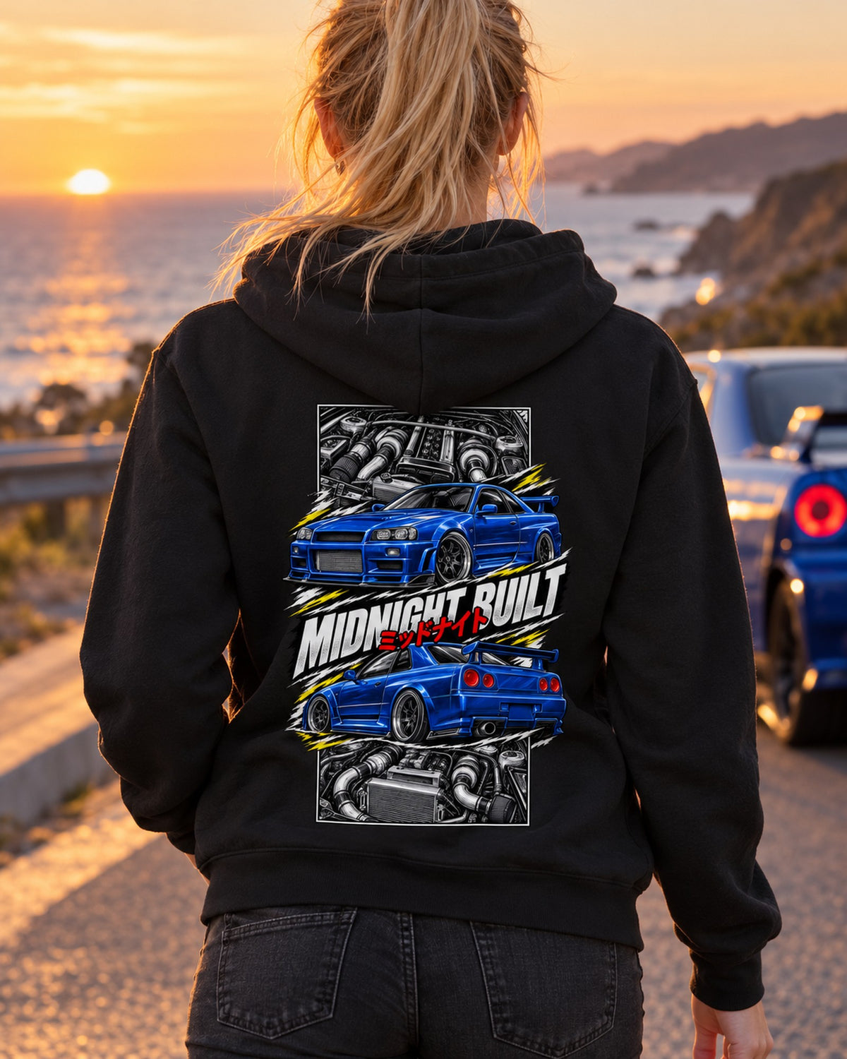 Nissan Skyline GT-R R34 Torn Poster Full-Back Graphic Tee Zip Hoodie Black worn hero