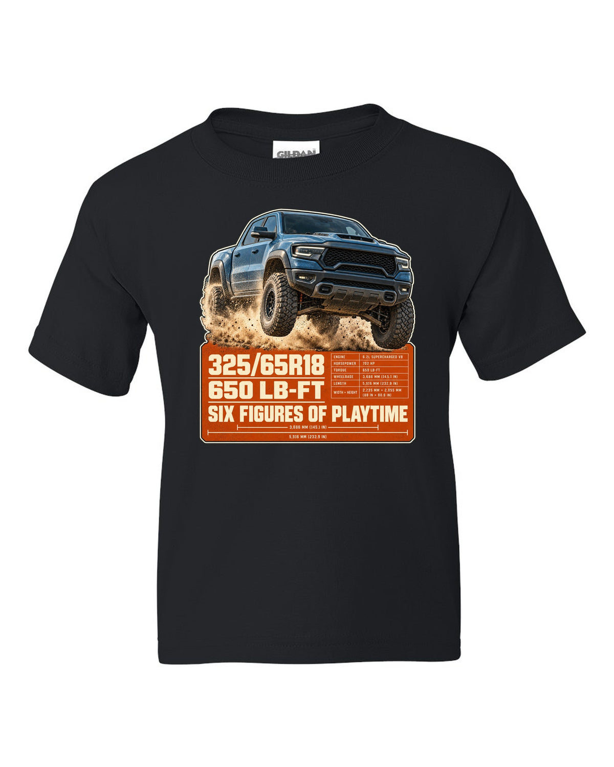 Ram 1500 TRX spec poster with tyre size and torque print black kids tee front view with the design