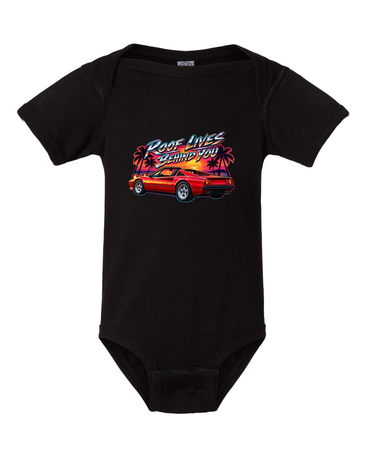 1980s airbrush style print of a Ferrari 308 GTS targa at sunset with palm trees black baby onesie front view with the design