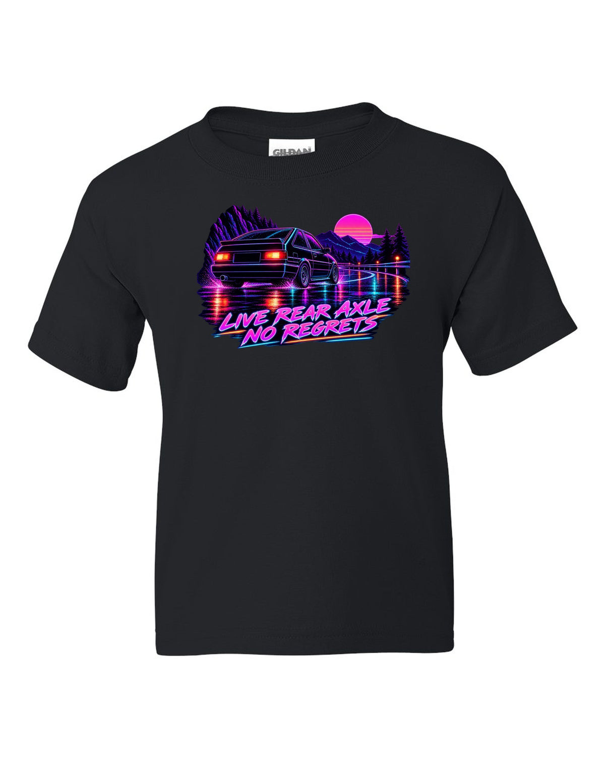 Neon synthwave line art print of a Toyota Corolla Levin AE86 with Live Rear Axle lettering black kids tee front view with the design