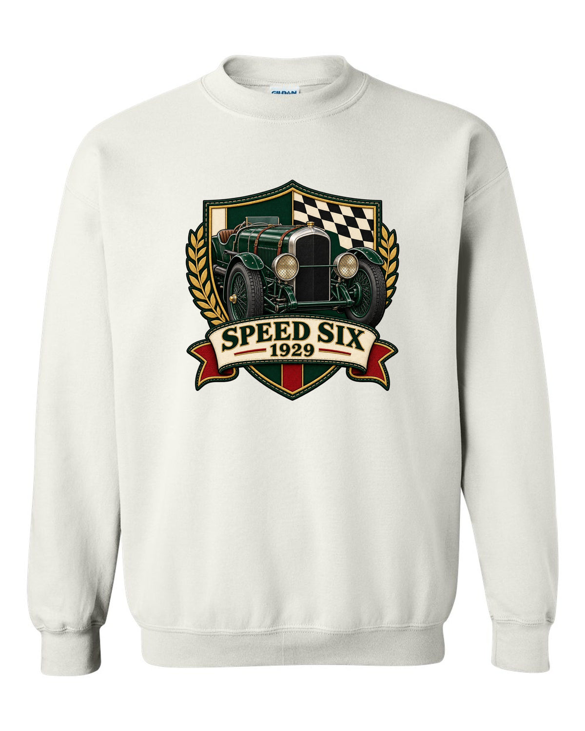Varsity-style embroidered crest design for the 1929 Bentley Speed Six with SPEED SIX lettering white crewneck front view with the design