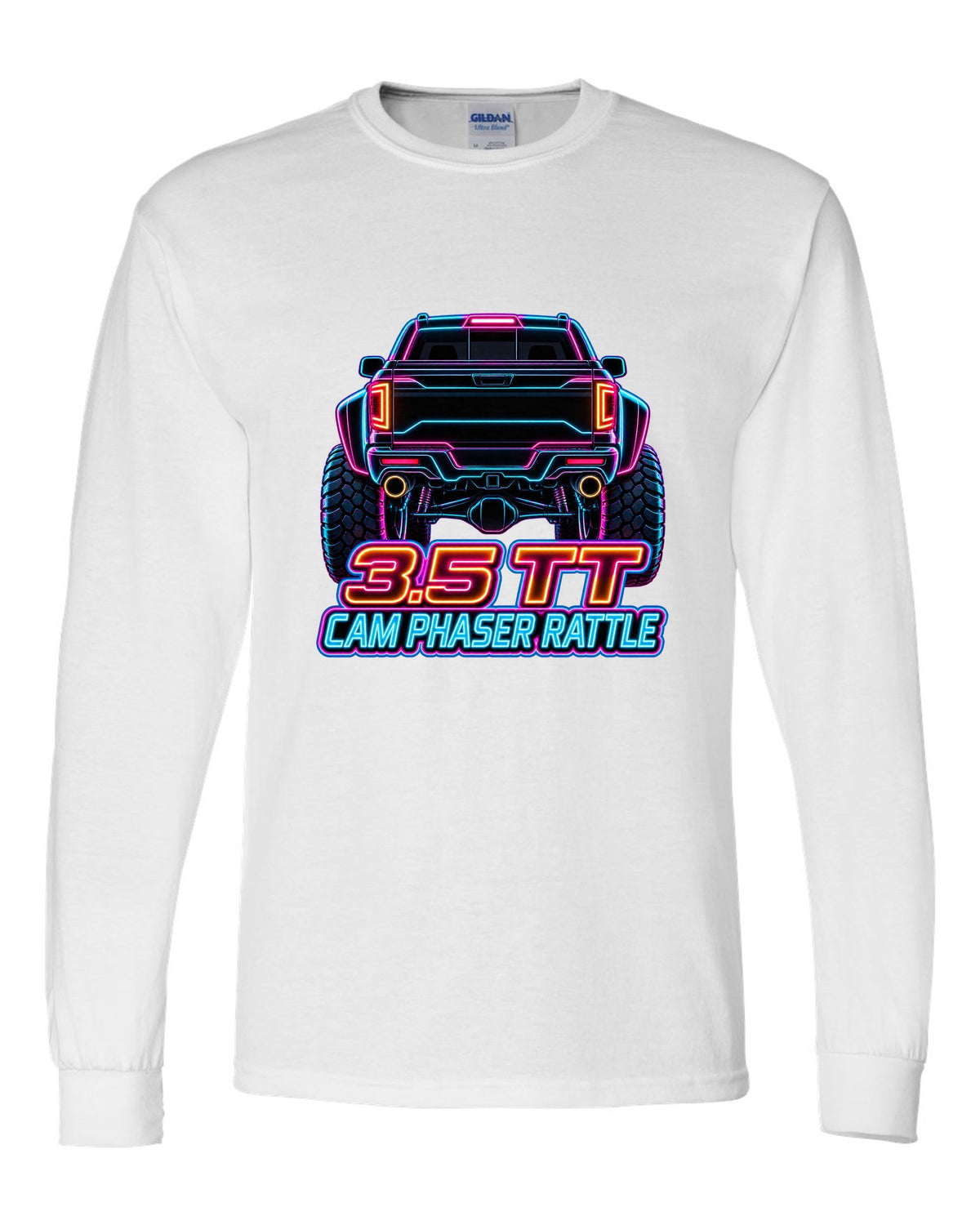 Neon outline print of a 2017-2020 Ford F-150 Raptor Gen 2 P552 taillights on black white long sleeve front view with the design