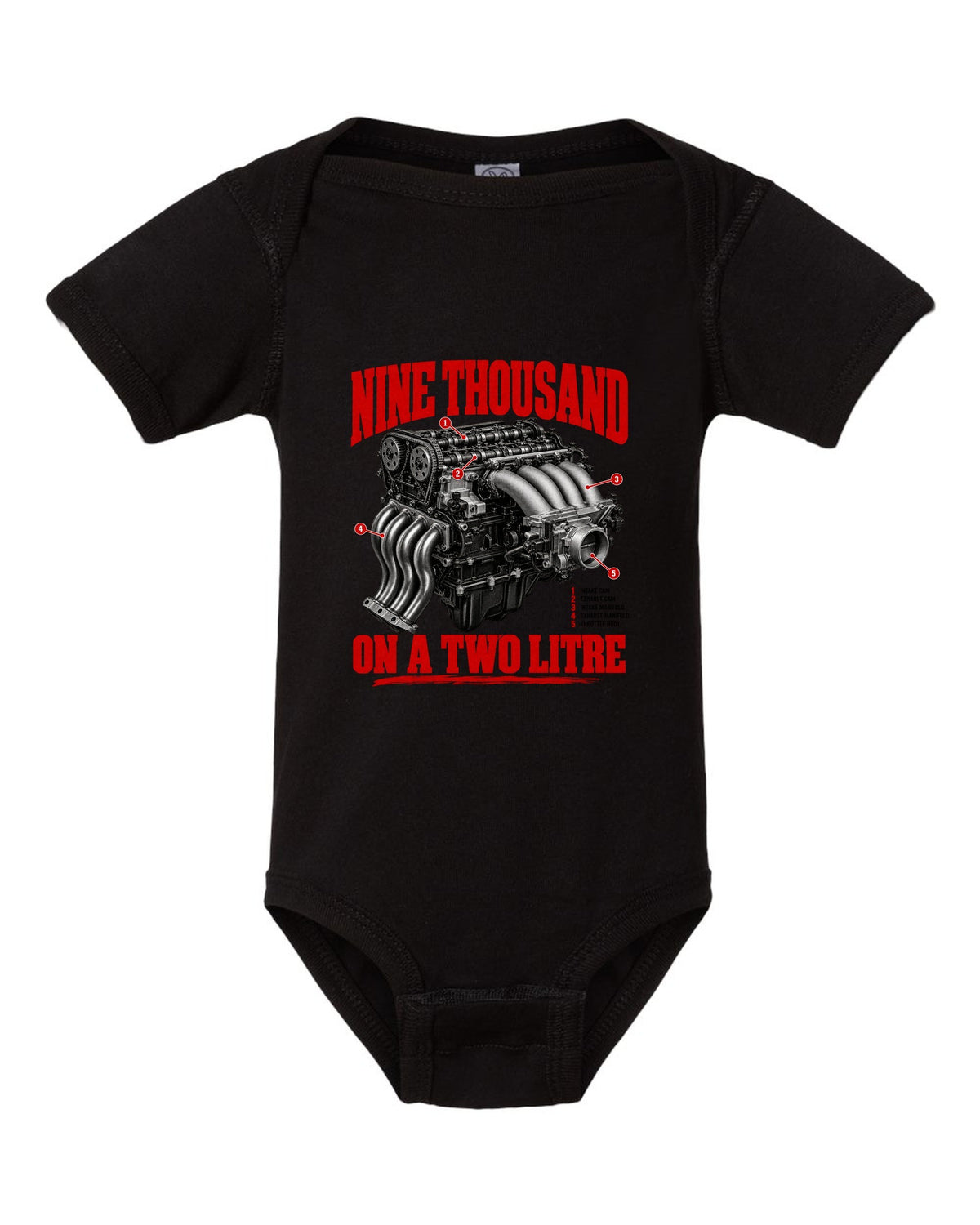 Honda S2000 AP1 roadster engine hero design with nine thousand on a two litre text black baby onesie front view with the design