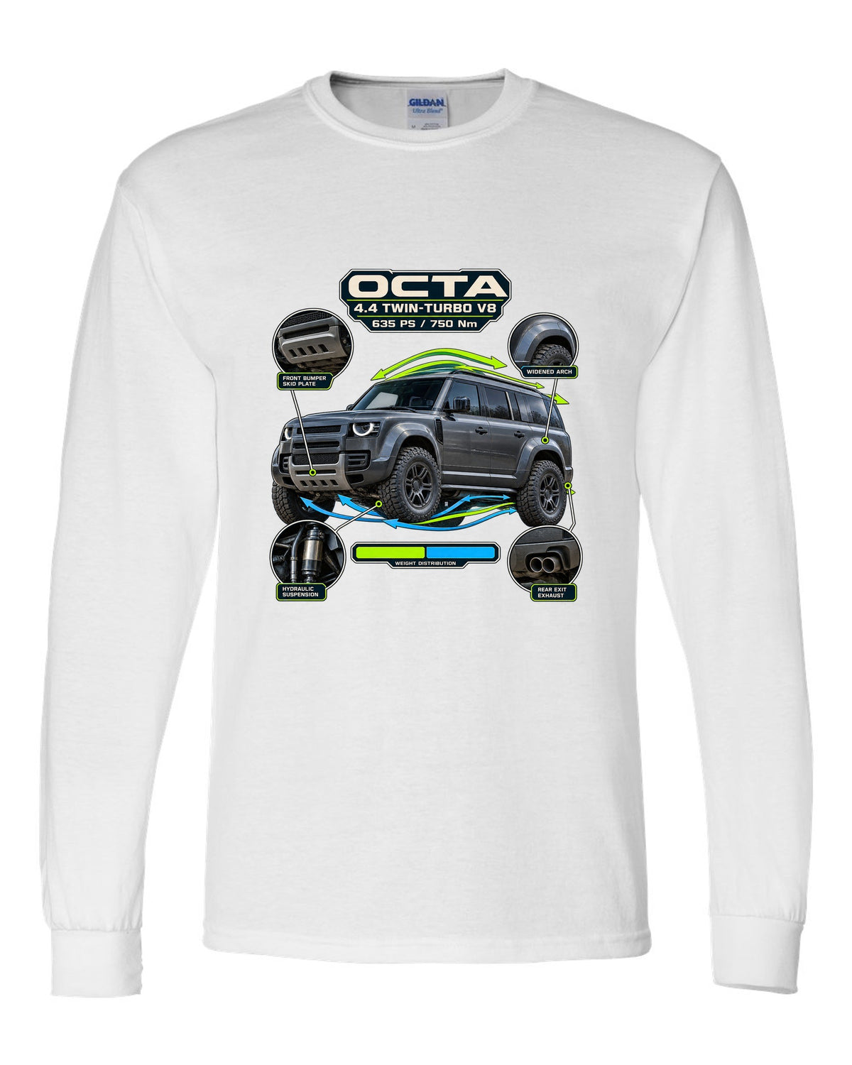 Aero callout print of the Land Rover Defender Octa with V8 power and torque figures white long sleeve front view with the design