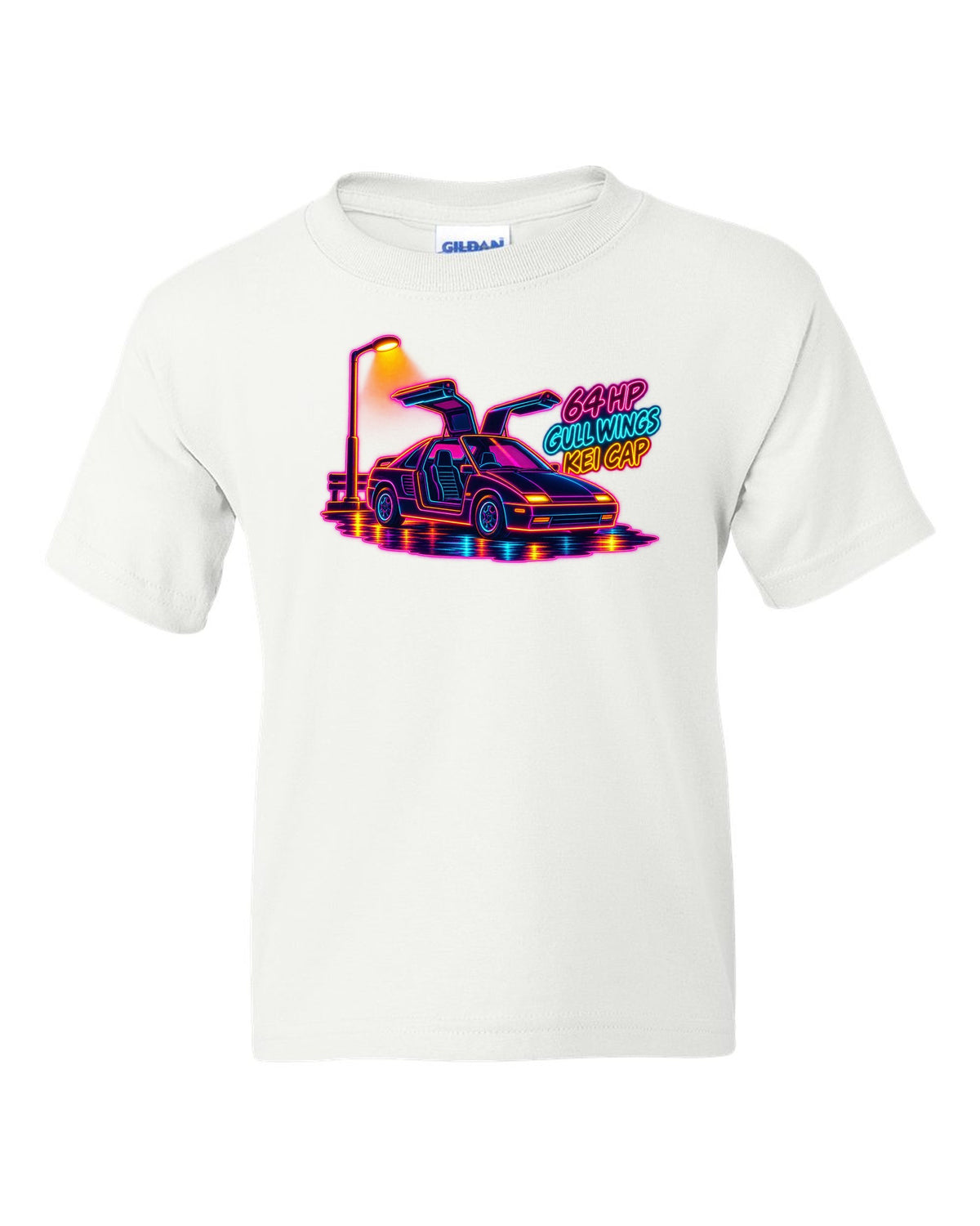 Neon synthwave line art print of an Autozam AZ-1 PG6SA with 64 HP gull wings kei cap lettering white kids tee front view with the design