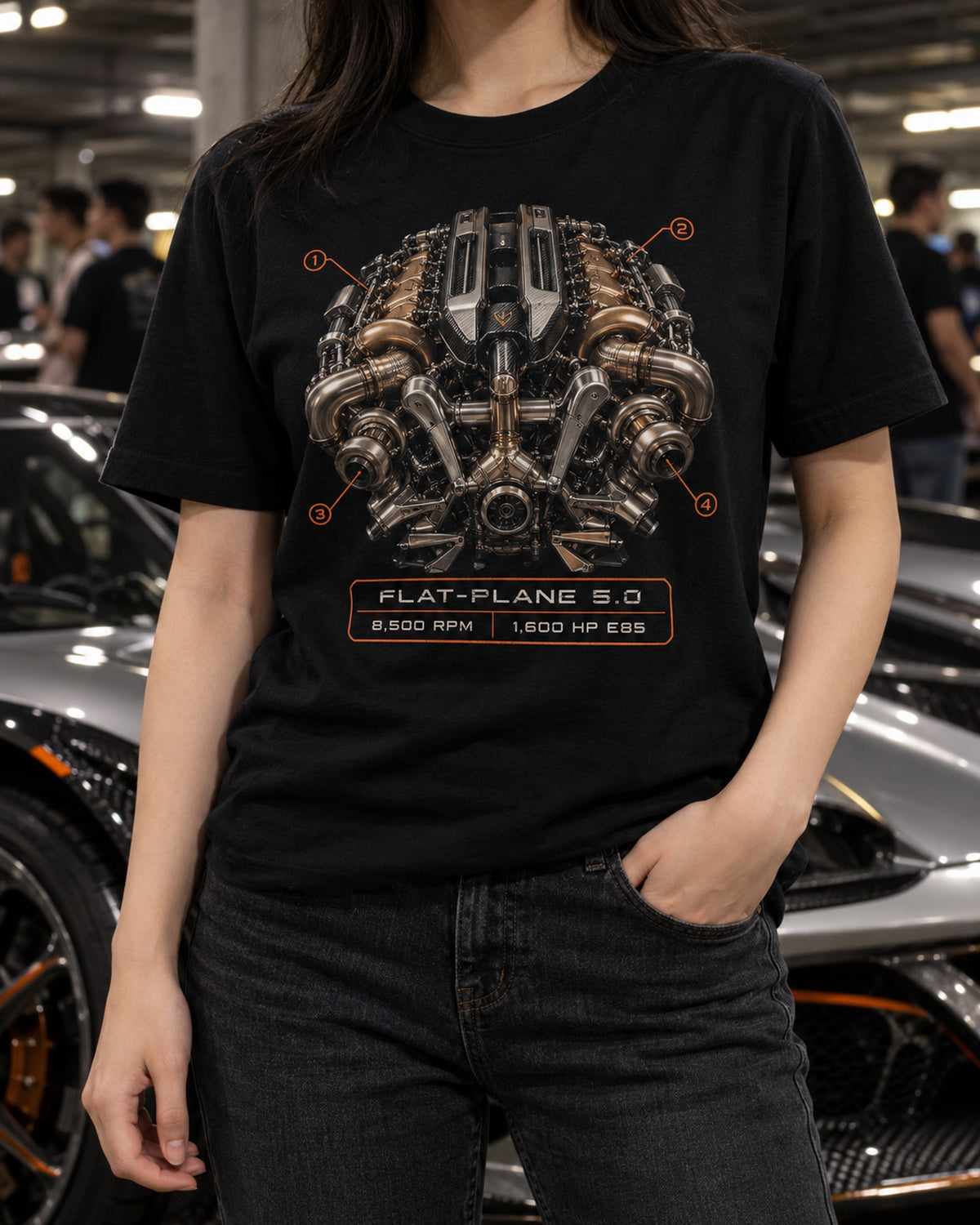 Koenigsegg Jesko 5.0 Flat-Plane V8 Engine Shirt, Car Guy Tee T-Shirt Black worn hero
