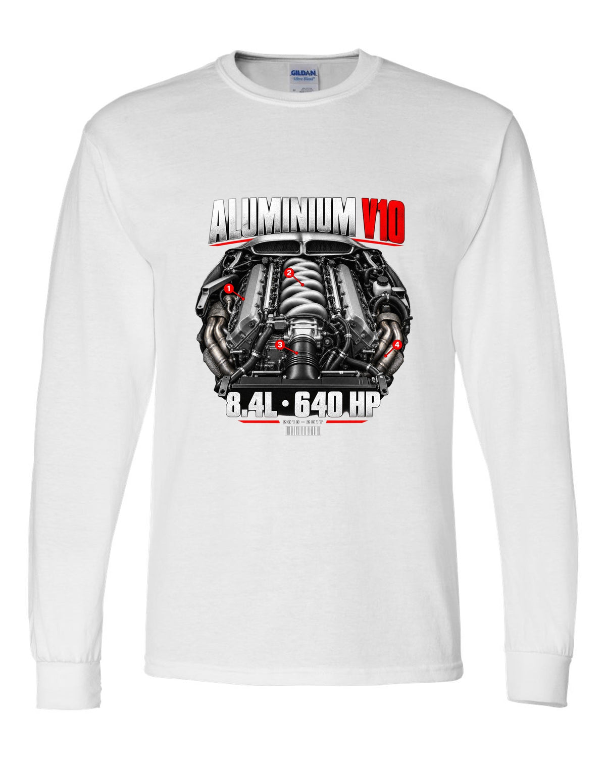 Dodge Viper VX aluminium V10 engine hero print with 8.4L and 640 HP lettering white long sleeve front view with the design