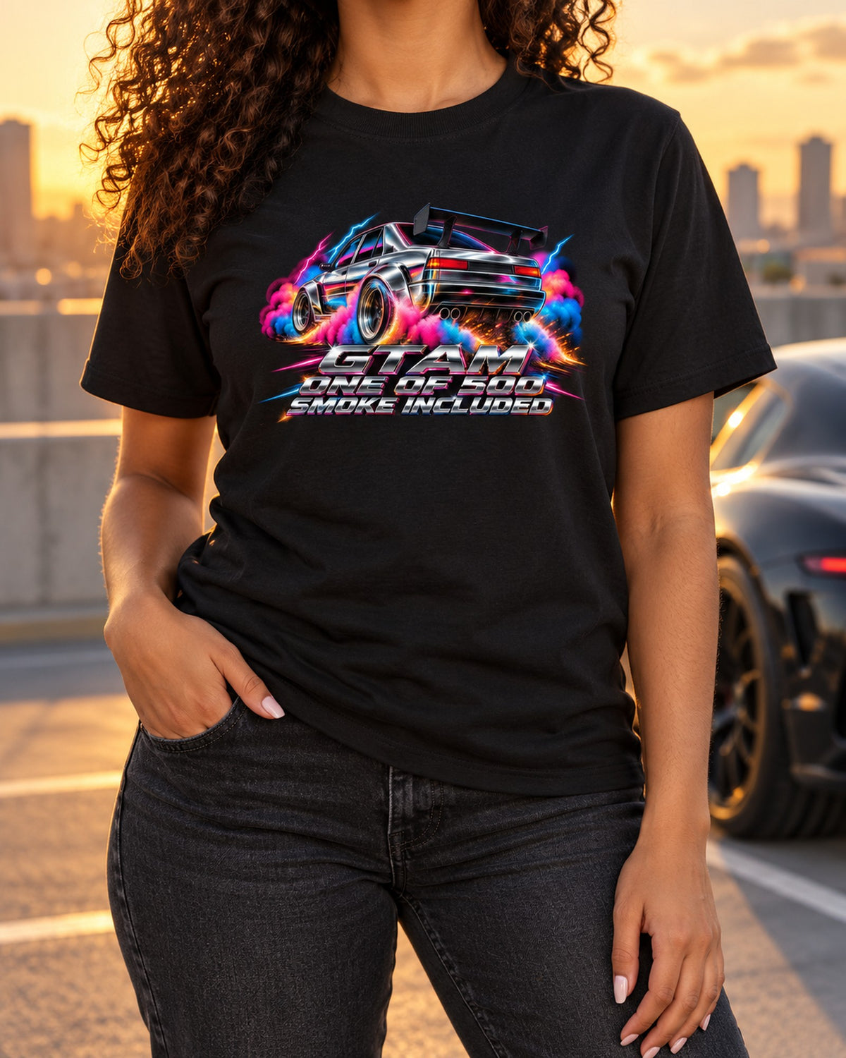 Alfa Romeo Giulia GTAm 80s Airbrush Chrome Tee, Smoke Included T-Shirt Black worn hero