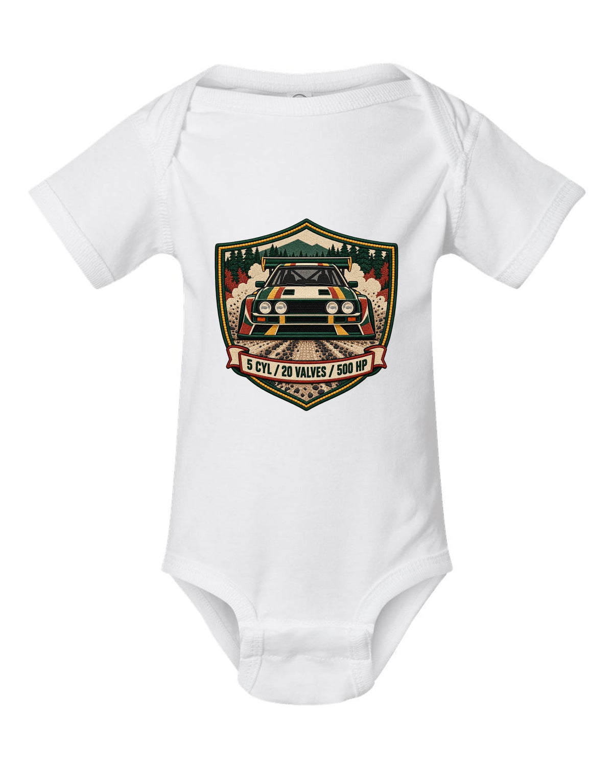 Varsity crest style print of the Audi Sport Quattro S1 E2 with 5 cyl, 20 valves, 500 hp white baby onesie front view with the design