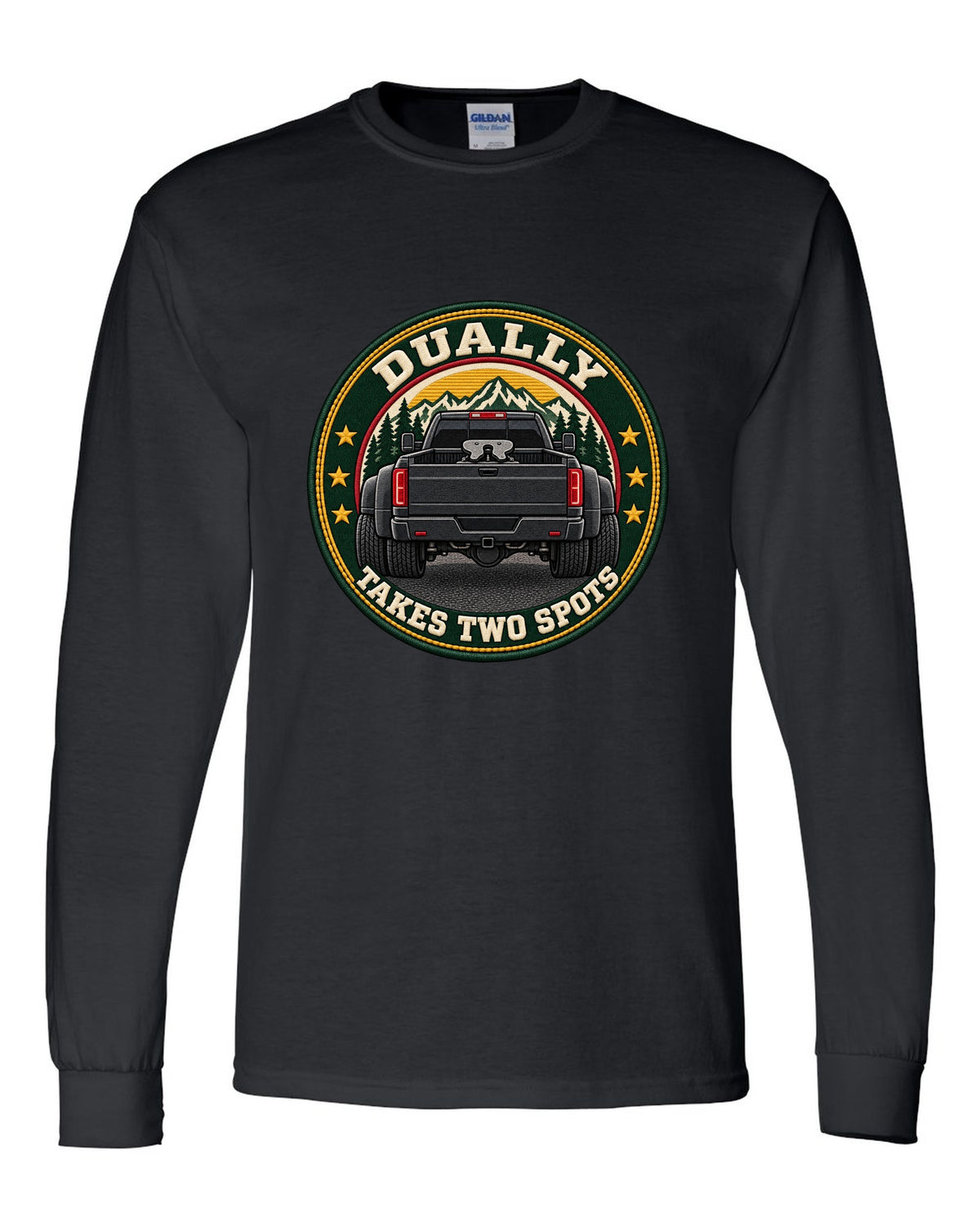 Varsity crest print for a 2019-2024 Ram HD 3500 dually with fifth wheel and takes two spots text black long sleeve front view with the design