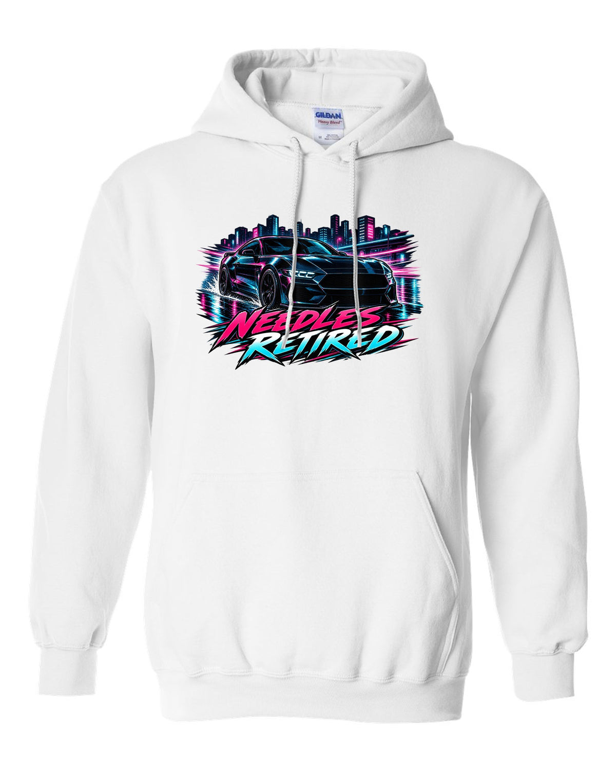 Cel-shaded anime night touge print of a 2024 S650 Mustang coupe with Needles Retired text white pull over hoodie front view with the design