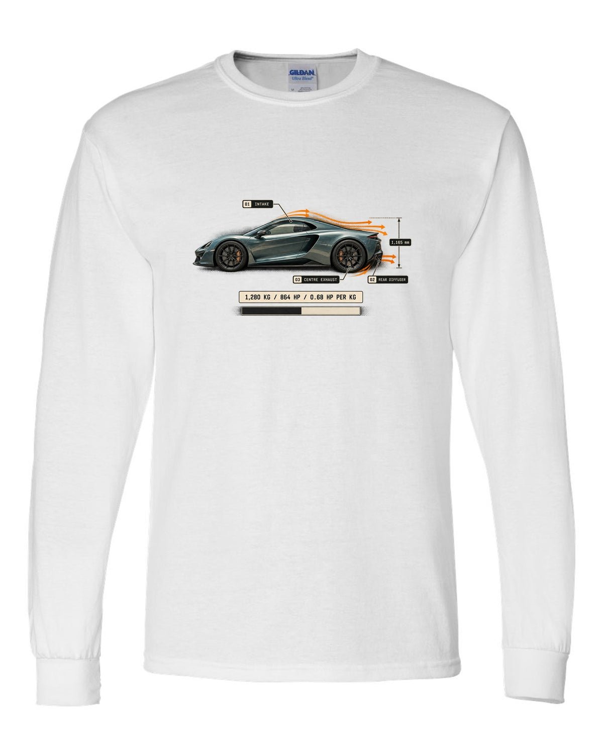 Airflow callout print of the Pagani Utopia with the text 1,280 kg, 864 hp, 0.68 hp per kg white long sleeve front view with the design