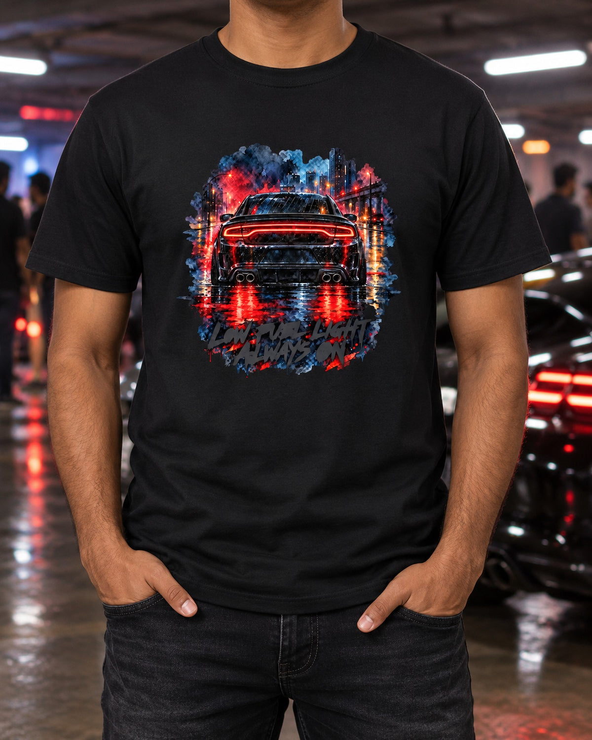 2015 Dodge Charger Scat Pack Wet Road Taillights Watercolour Tee T-Shirt Black worn hero