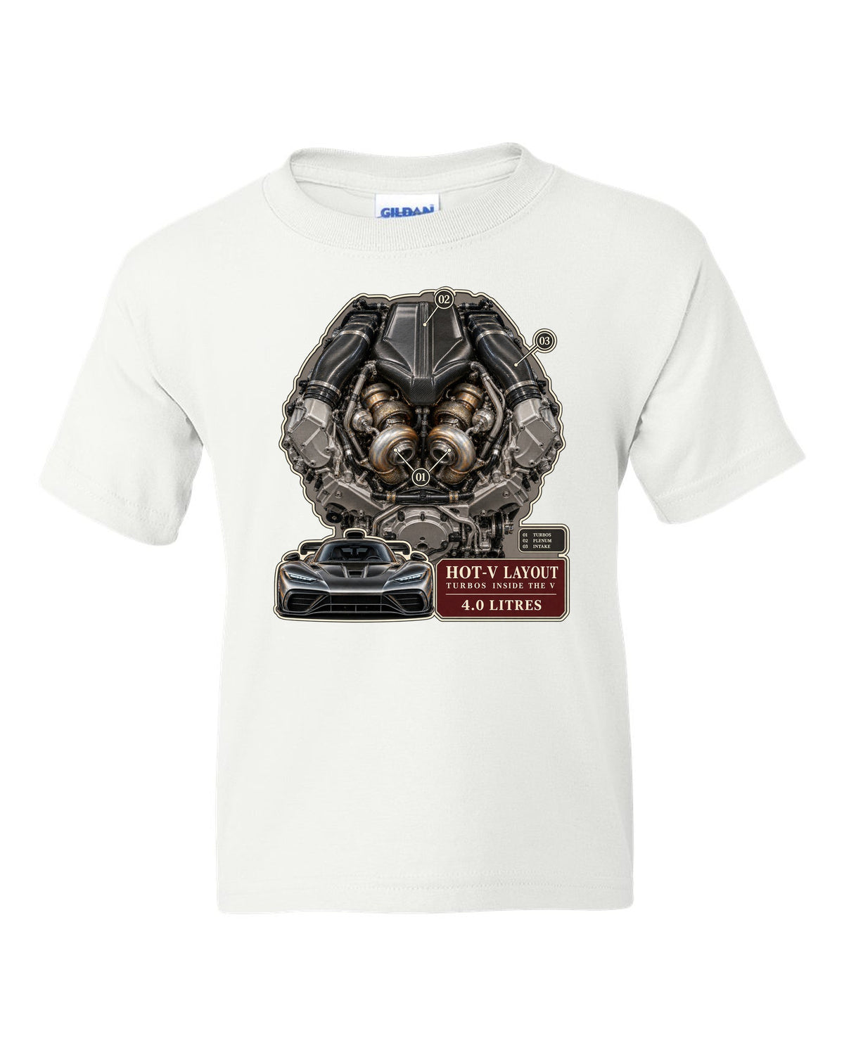 Mercedes-AMG GT 63 M178 4.0 litre biturbo V8 engine illustration white kids tee front view with the design
