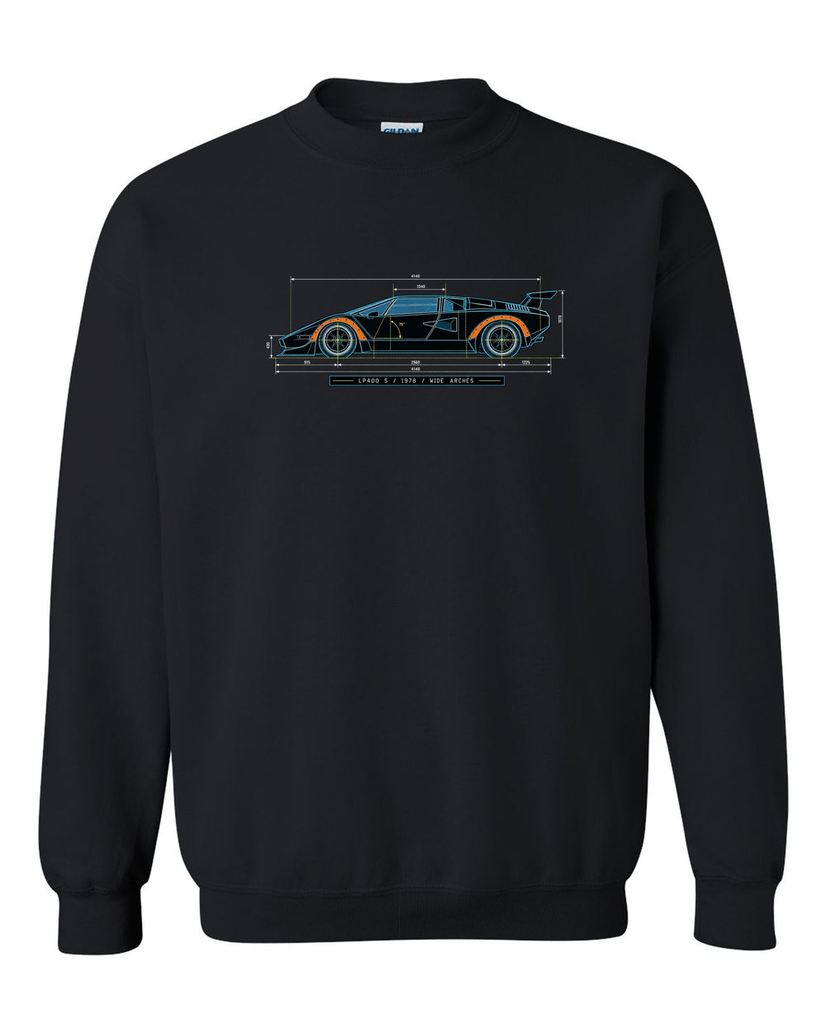 Blueprint patent line art of a Lamborghini Countach LP400 S 1978 with wide arches text black crewneck front view with the design