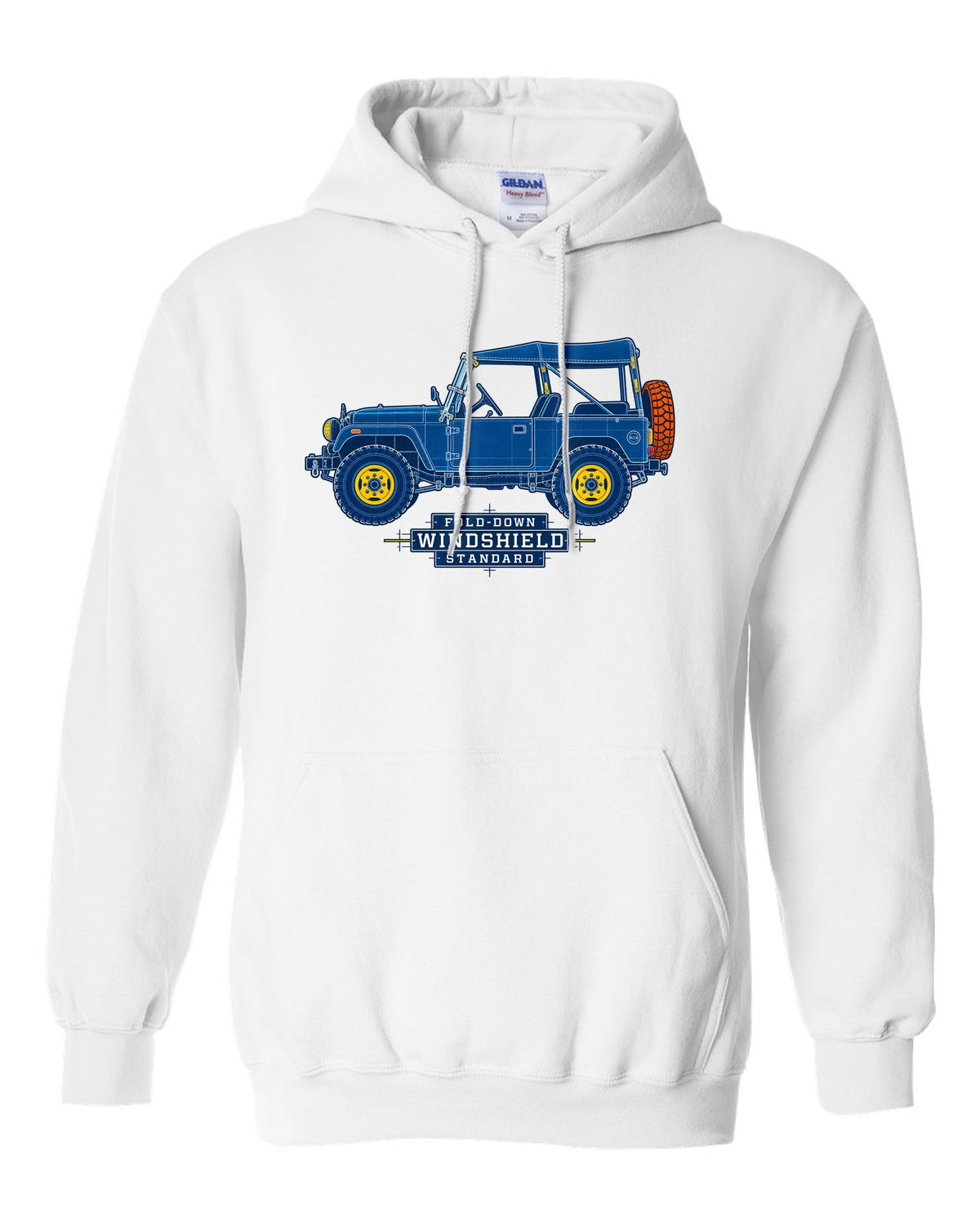 Cyanotype blueprint of a Toyota Land Cruiser FJ40 with fold-down windshield lettering white pull over hoodie front view with the design