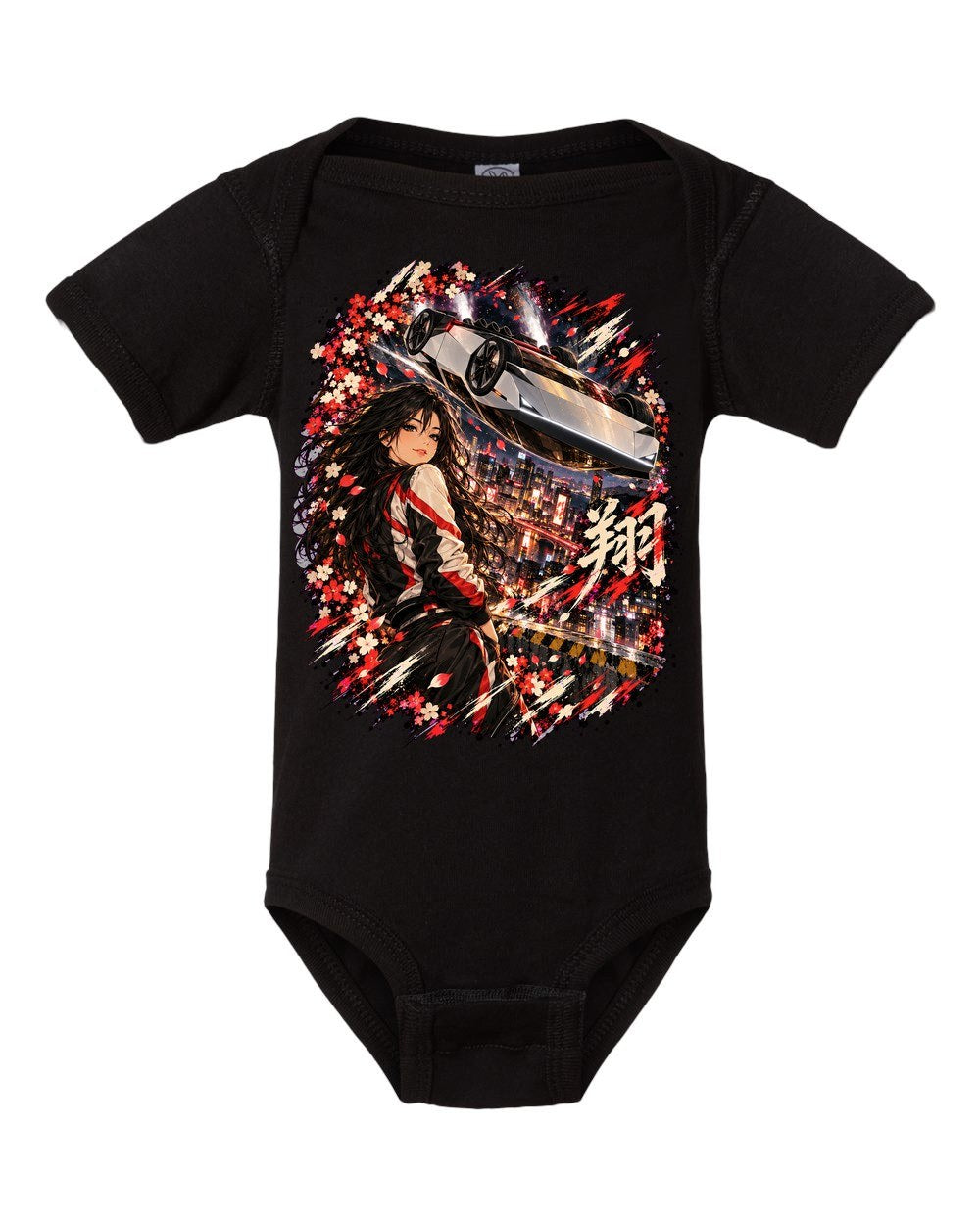 Tesla Roadster Flip Anime Girl Baby Onesie Black front