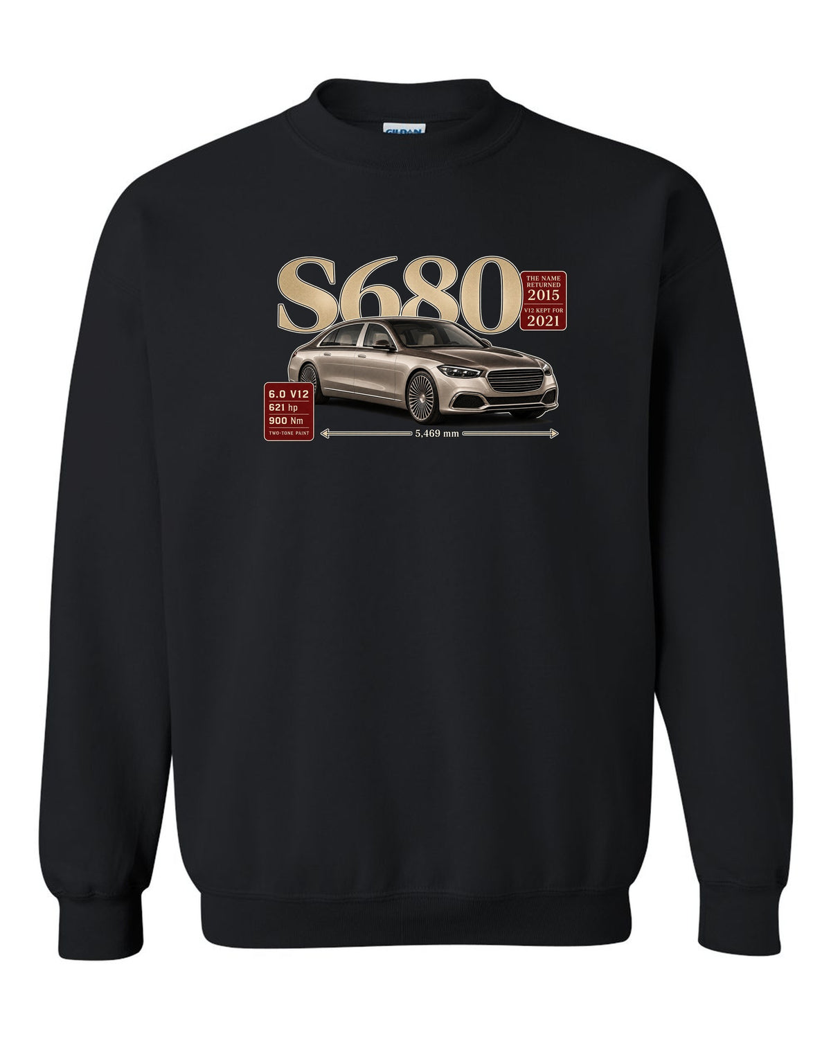 print archive panel of a Mercedes-Maybach S680 Z223 three-quarter with serif title black crewneck front view with the design