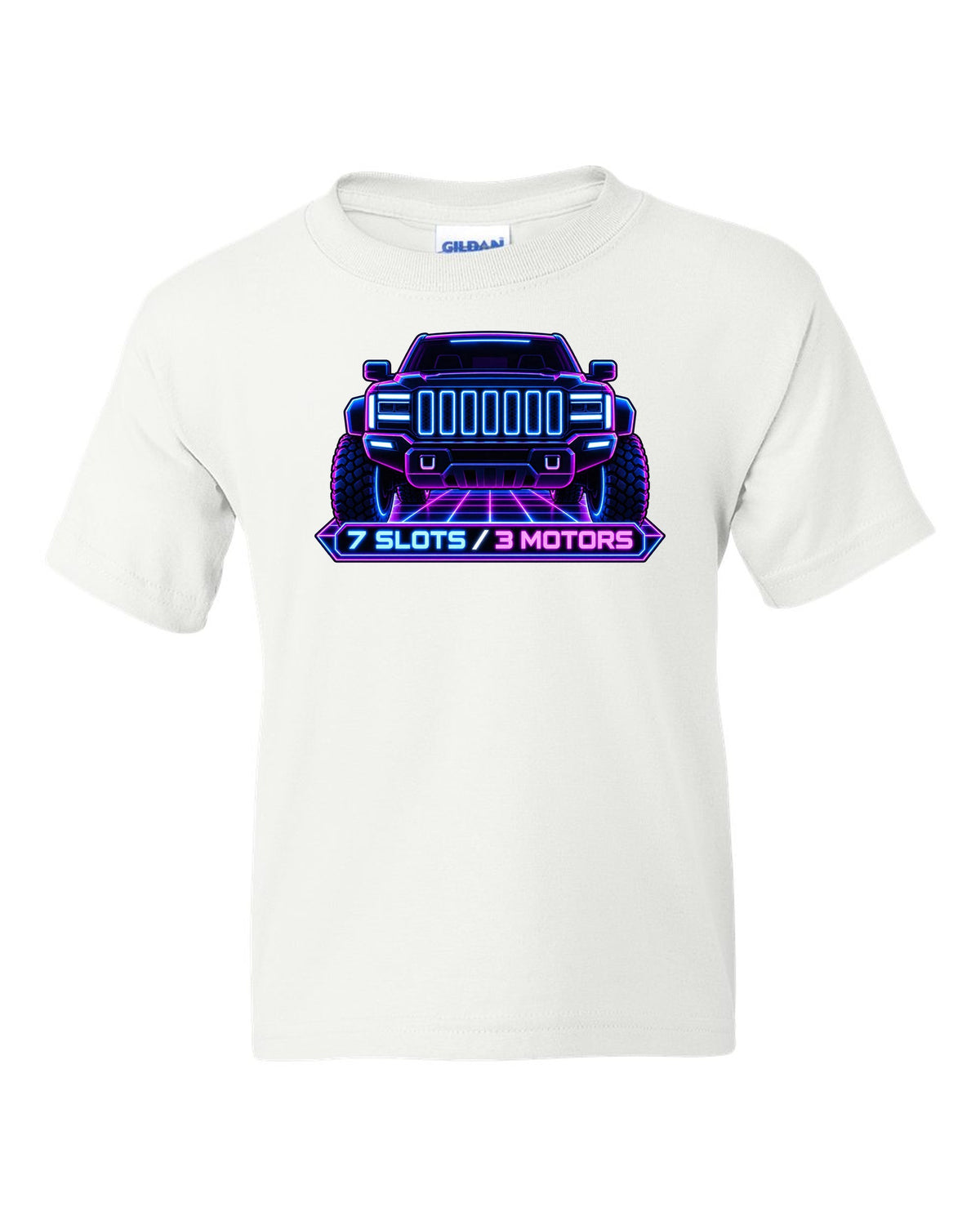 GMC Hummer EV neon vector grille panel print with seven slots and three motors white kids tee front view with the design