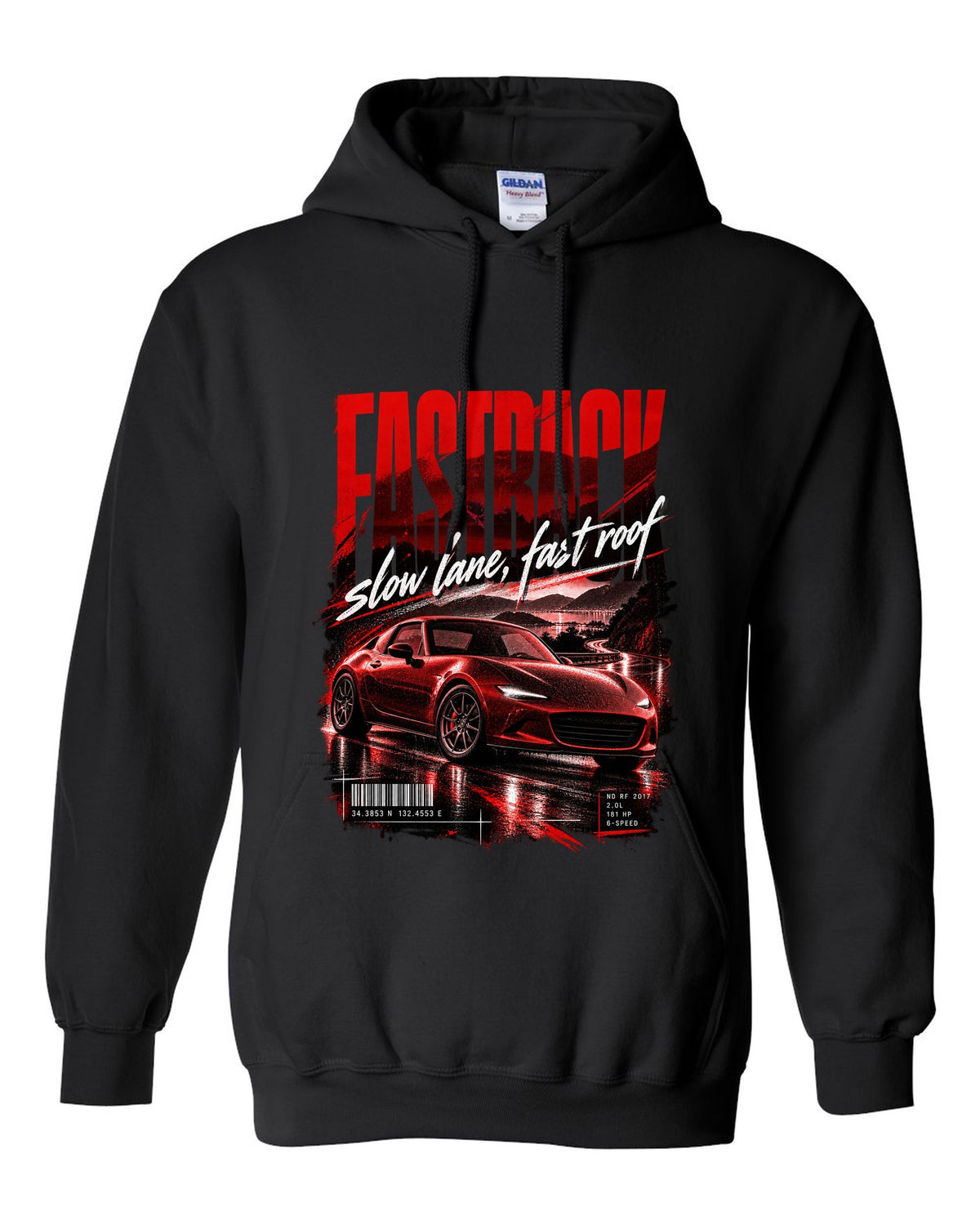 Street poster print for the 2017 Mazda MX-5 ND RF reading fastback, slow lane, fast roof black pull over hoodie front view with the design