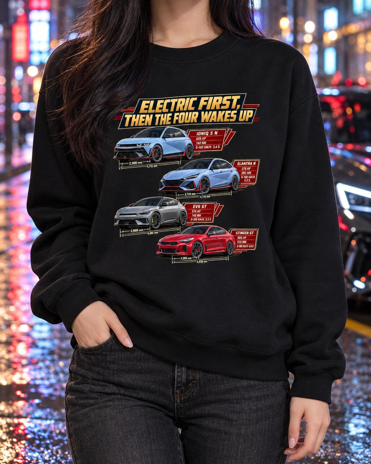 Polestar 1 Spec Poster Shirt, Electric First Then the Four Crewneck Black worn hero