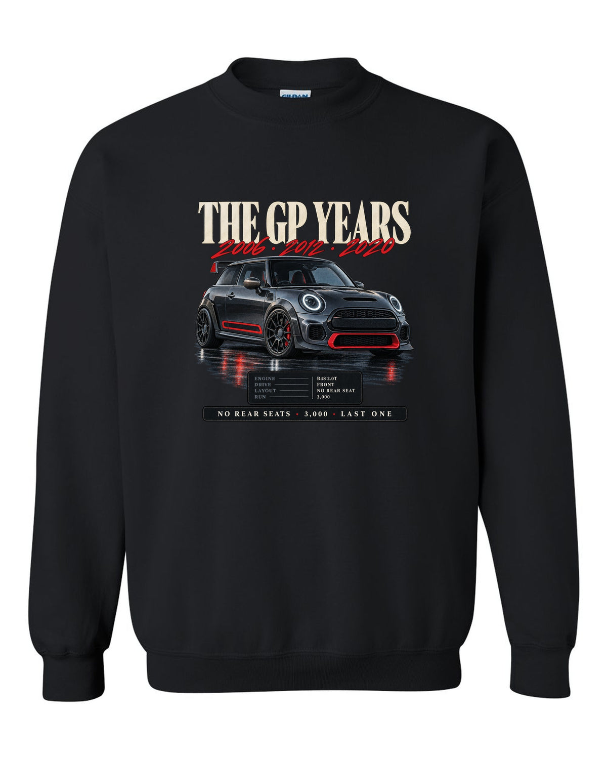 Archive panel print of a Mini Cooper JCW GP F56 with the years 2006, 2012 and 2020 black crewneck front view with the design