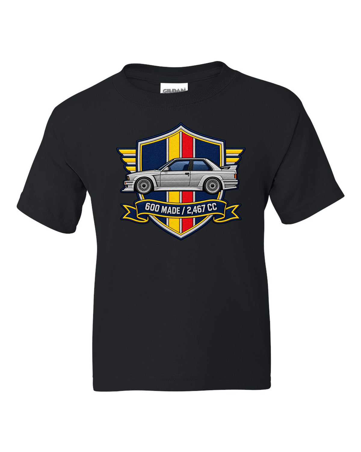 Varsity crest style print of a BMW E30 M3 Sport Evo with 600 made and 2,467 cc text black kids tee front view with the design
