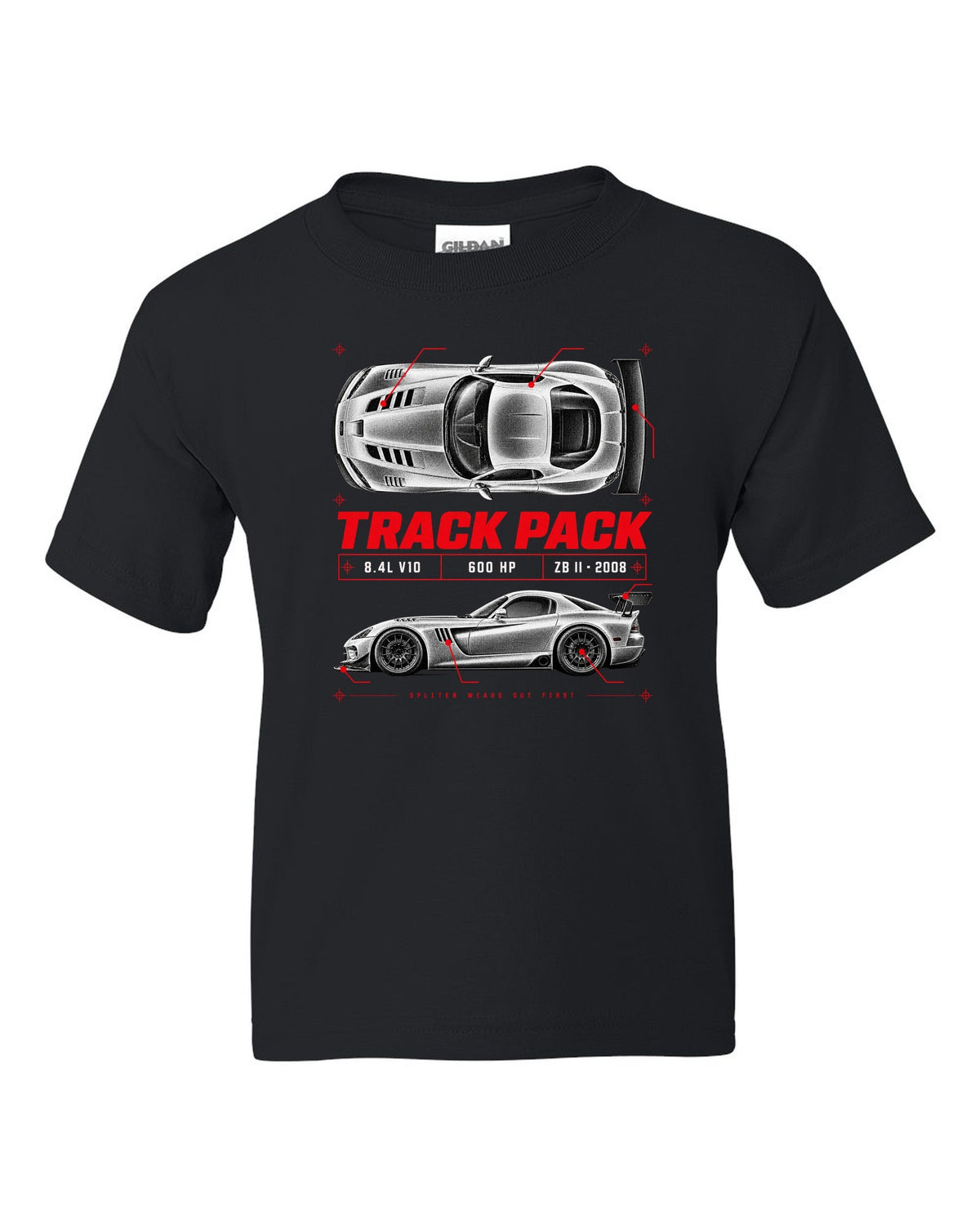 Spec poster print of a 2008 Dodge Viper ACR ZB II with Track Pack, 8.4L V10 and 600 HP text black kids tee front view with the design
