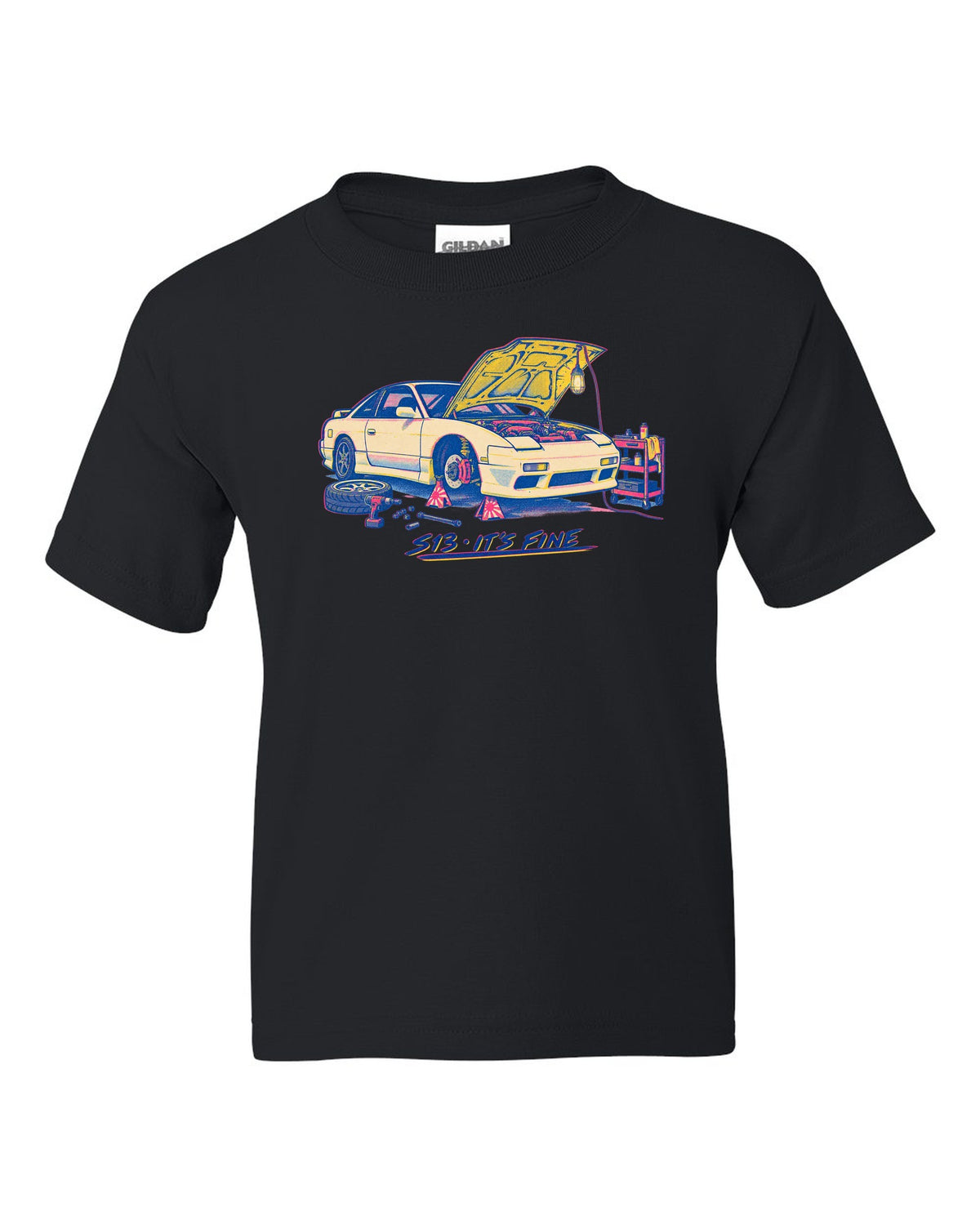 Risograph workshop print of a Nissan S13 with S13 it's fine lettering black kids tee front view with the design