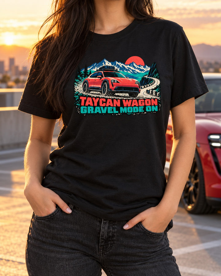 Porsche Taycan Cross Turismo Y1B Gravel Mode Riso Shirt T-Shirt Black worn hero