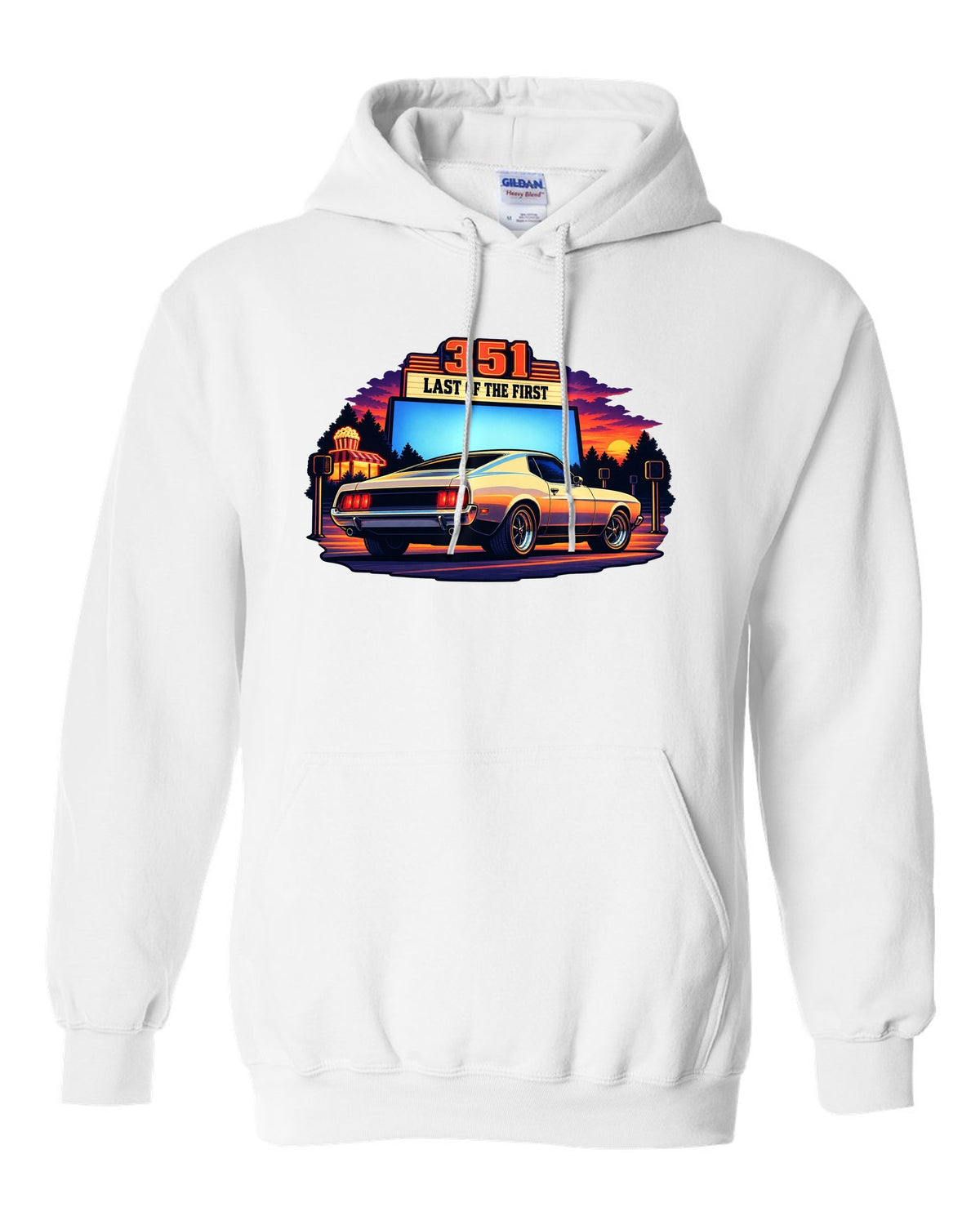 Cel-shaded anime print of a 1973 Ford Mustang fastback at a drive-in white pull over hoodie front view with the design