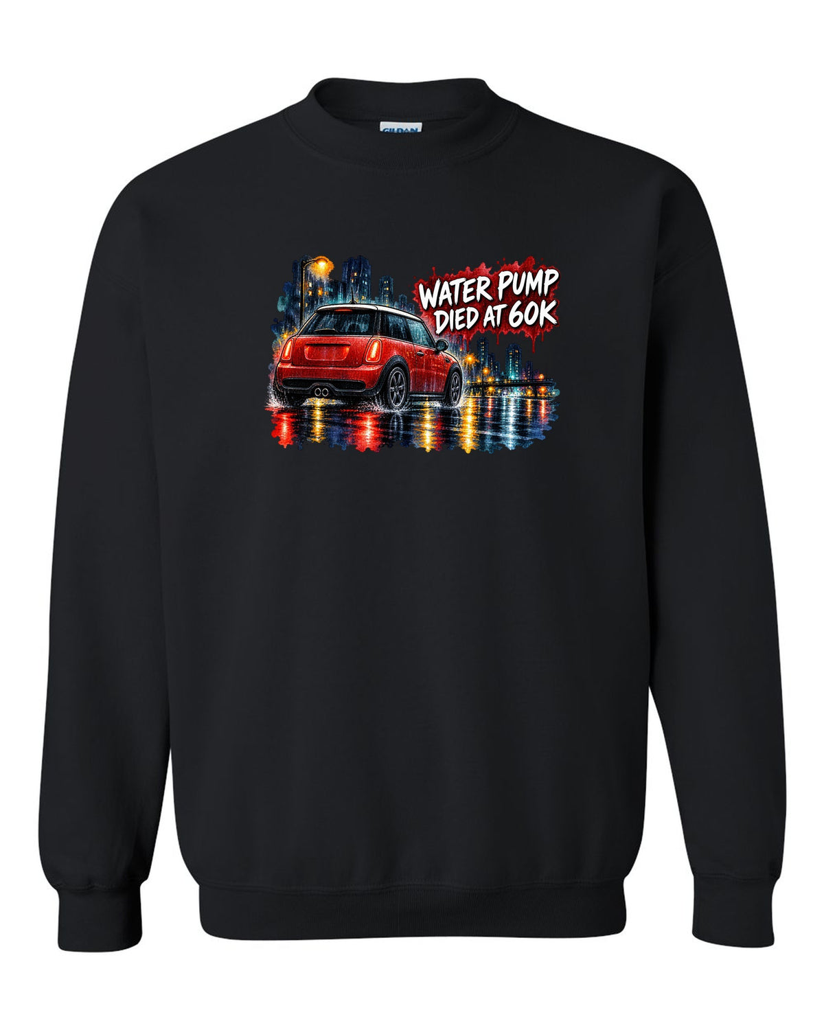 Watercolour night scene of a Mini Cooper S R56 on a wet road black crewneck front view with the design