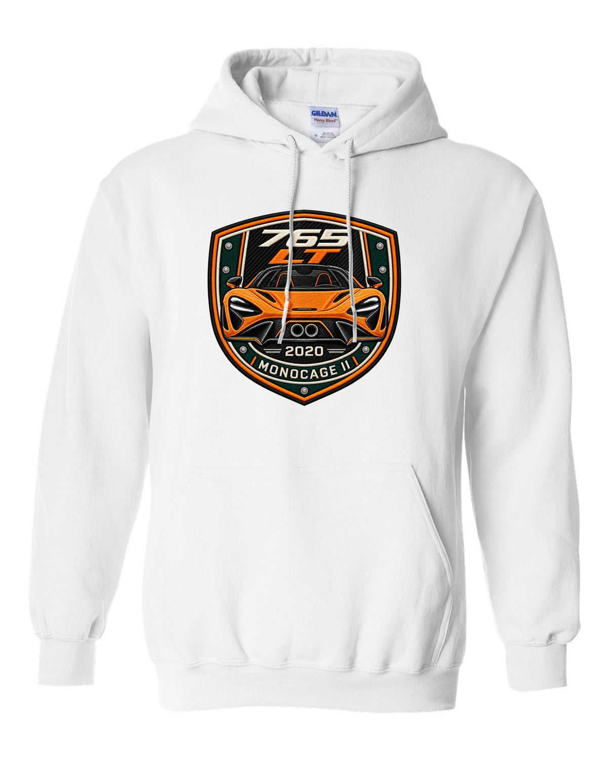 Embroidery varsity crest print for the McLaren 765LT with 765 LT 2020 Monocage II lettering white pull over hoodie front view with the design