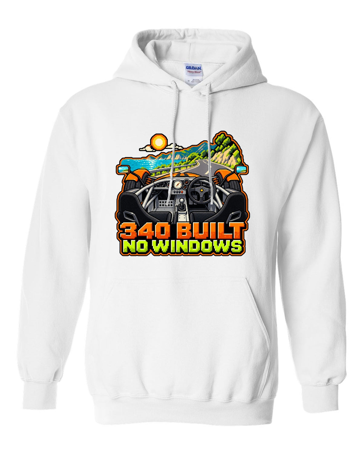 Lotus Elise 340R in 8/16-bit pixel art with 340 BUILT and NO WINDOWS lettering white pull over hoodie front view with the design