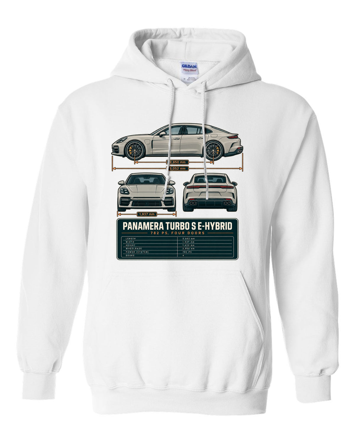 Three-view print of a Porsche Panamera Turbo S E-Hybrid G3 with 782 PS spec table white pull over hoodie front view with the design