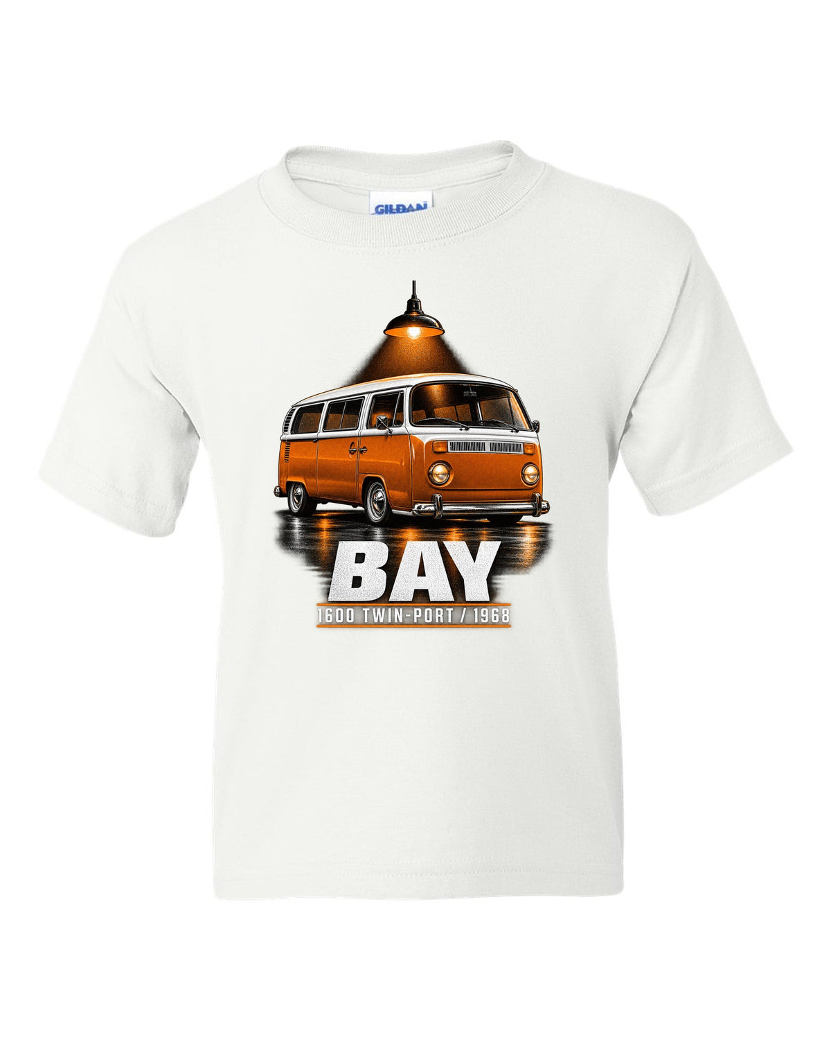 Garage night print of a 1968 VW T2 bay-window Type 2 bus white kids tee front view with the design