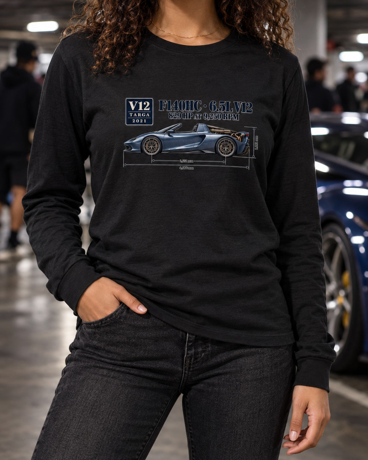 Ferrari Daytona SP3 F140HC Dimension Blueprint Shirt Long Sleeve Black worn hero