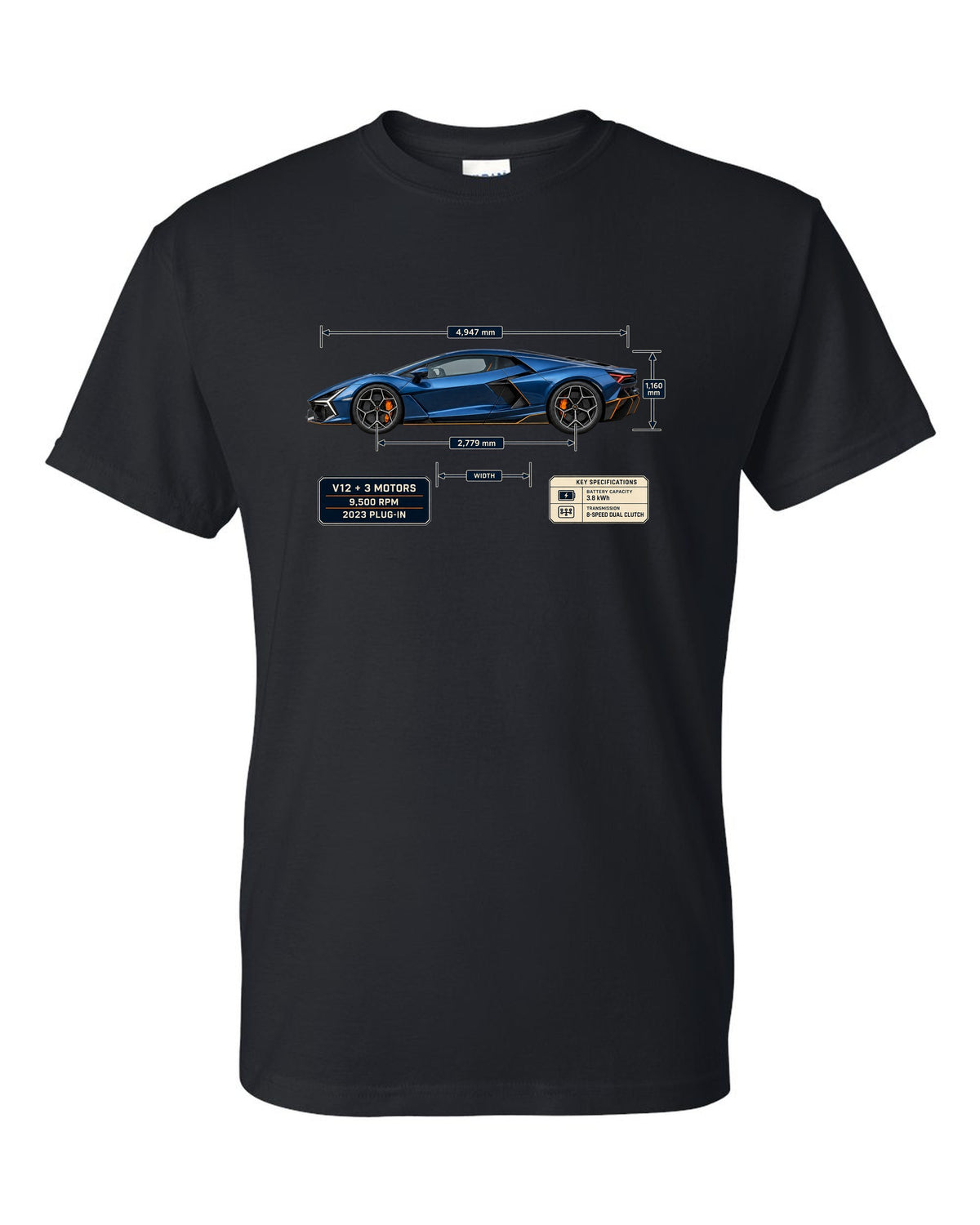 Dimension blueprint print of the Lamborghini Revuelto black t-shirt front view with the design