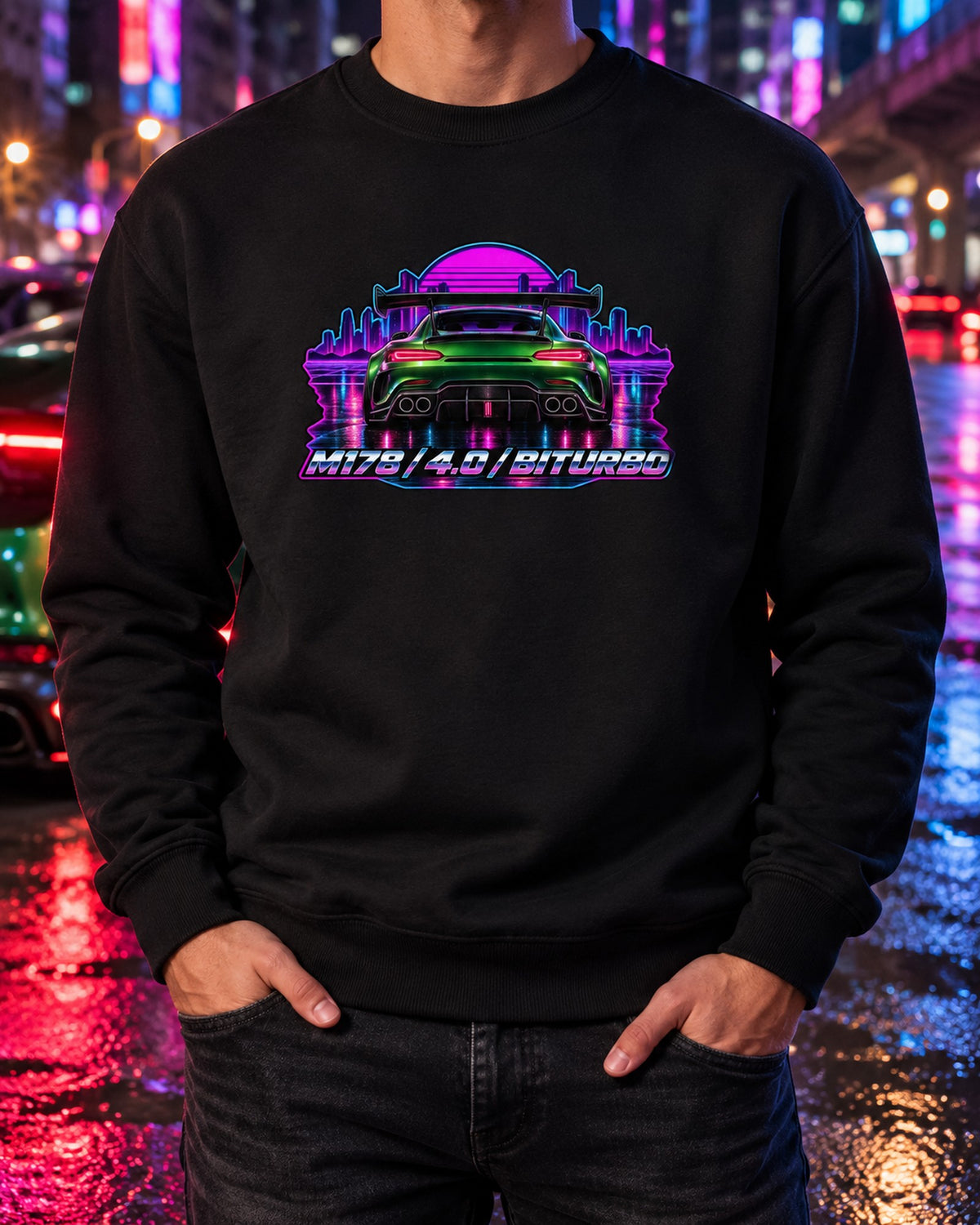 Mercedes AMG GT C190 Engine Bay Cyanotype Blueprint Shirt Crewneck Black worn hero
