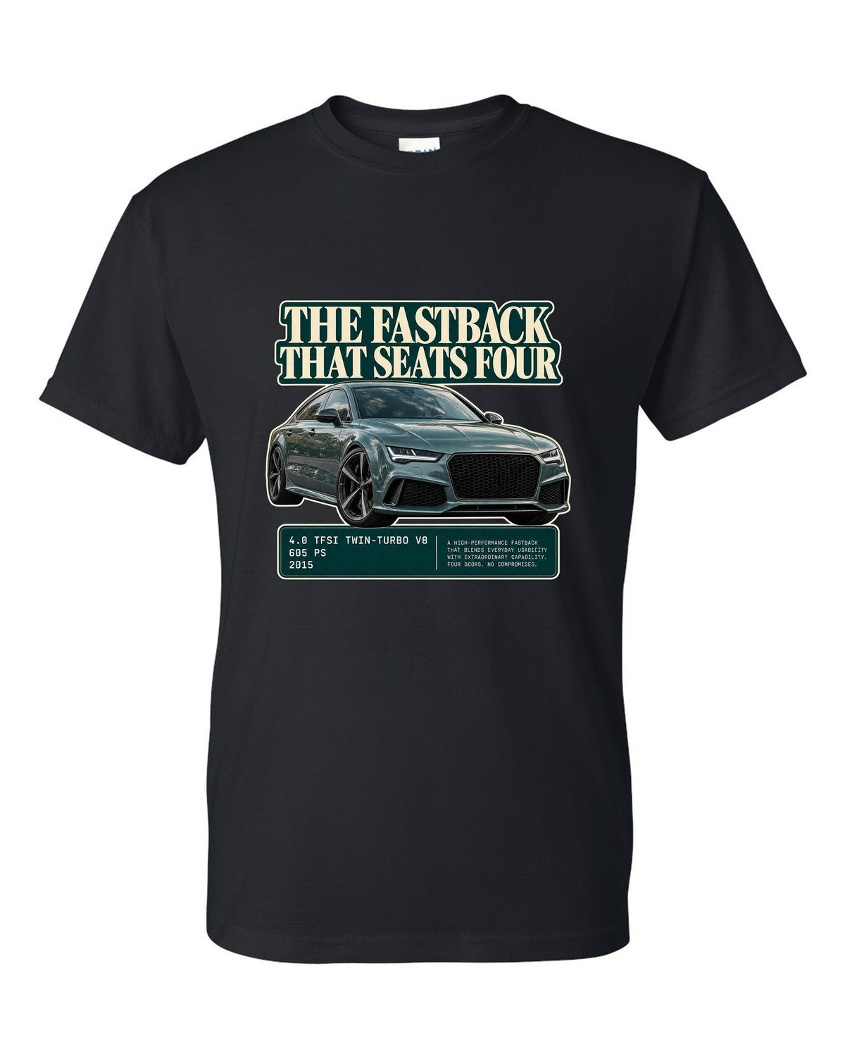 Audi RS7 Sportback C7 editorial headline print on a tee black t-shirt front view with the design